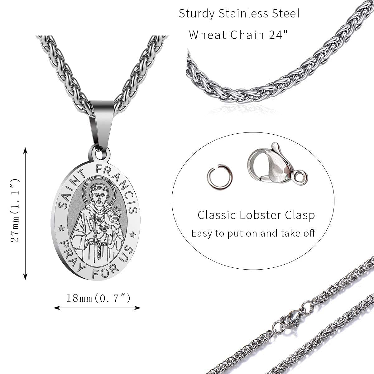 P. BLAKE Stainless Steel St Saint Francis of Assisi Medal Necklace for Men Women, Oval Catholic Patron Pendant Medallion Chain