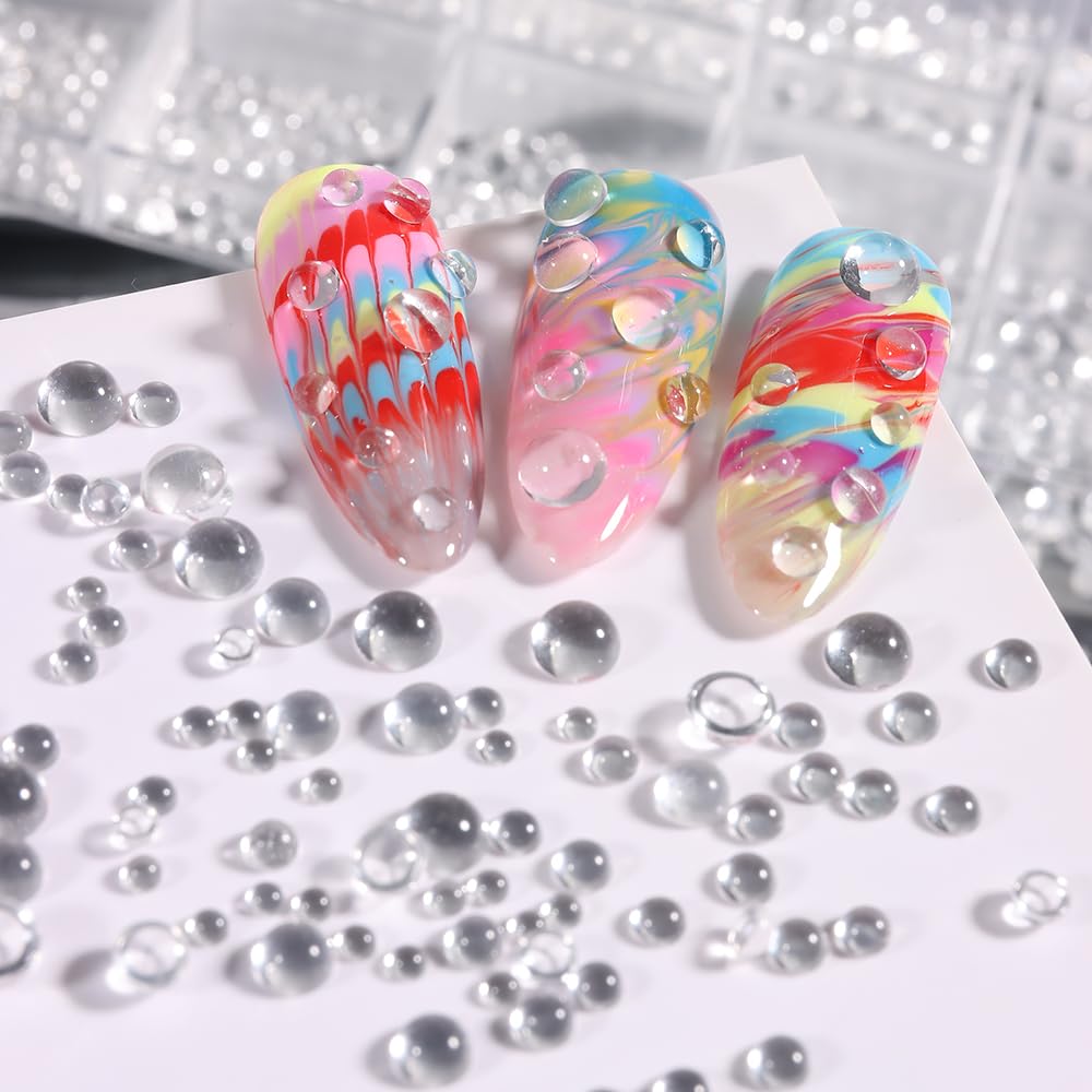 3D Mixed Sizes Clear Bubble Beads Nail Charms Jewelry, Transparent Semi-Circular Dewdrop Water Droplets Glass Bubble Balls Flatb
