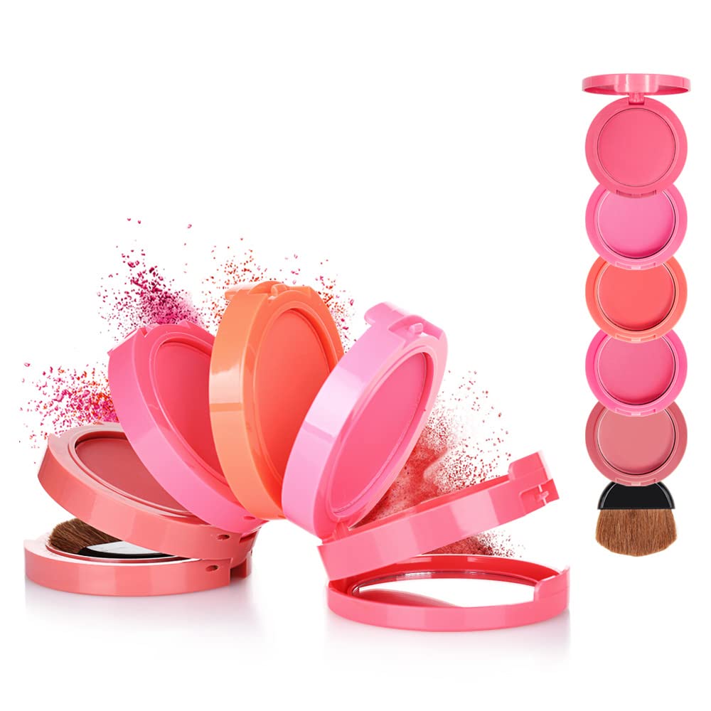 5 Colors Blush Palette, Highly Pigmented Buildable Powder Blusher, Smooth Blendable Long Lasting Face Contour Makeup with Mirror