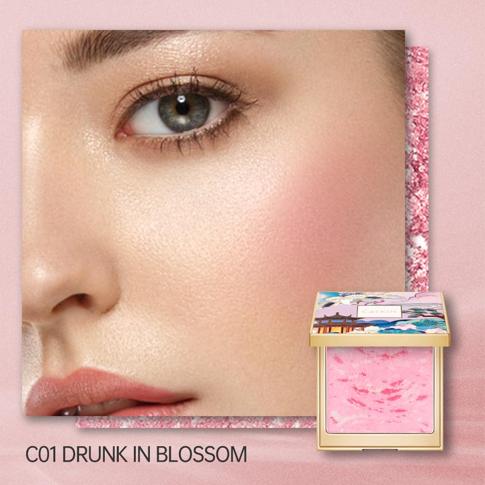 CATKIN Powder Blush for Cheek Blusher Natural Shimmering Blush & Highlight 2 in 1 Creamy Blendable Baked Blush Palette 10g C01 D