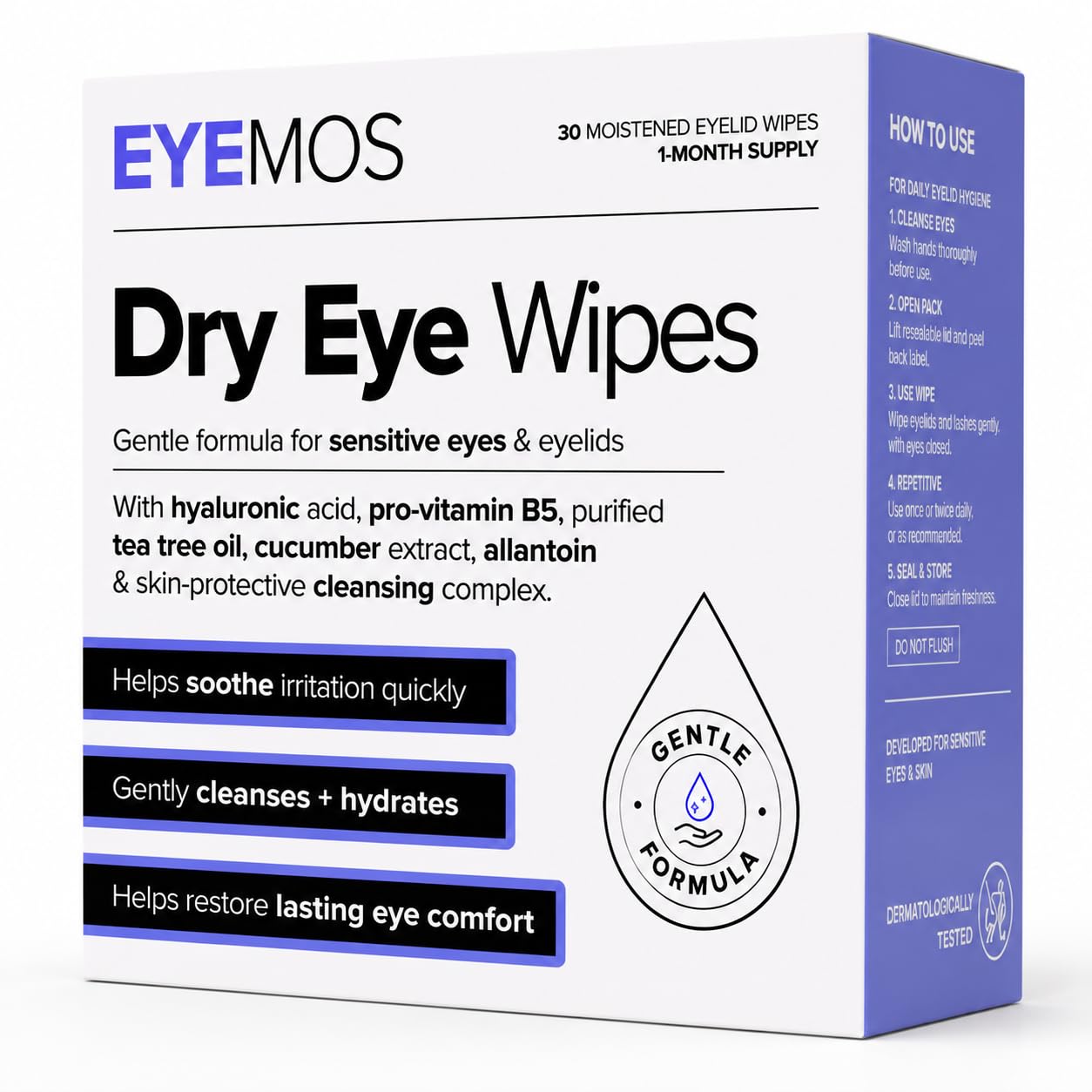 EYEMOS Dry Eye Relief Wipes, Gentle Lid & Lash Cleanser, 30 Individually Wrapped Wipes (1)