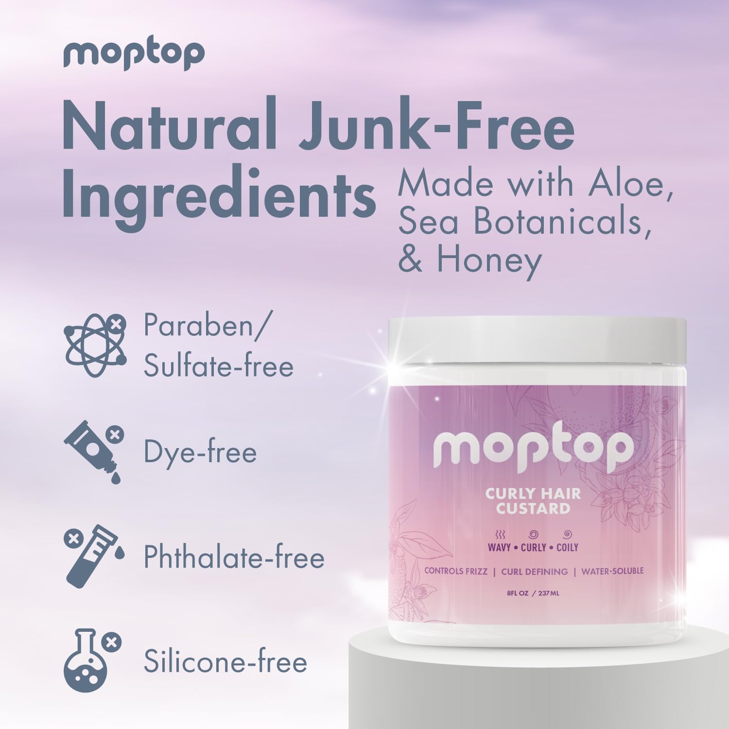MopTop Curly Hair Custard Gel for Waves, Coils & Kinks - Anti-Frizz Curl Moisturizer, Definer & Lightweight Activator with Aloe,