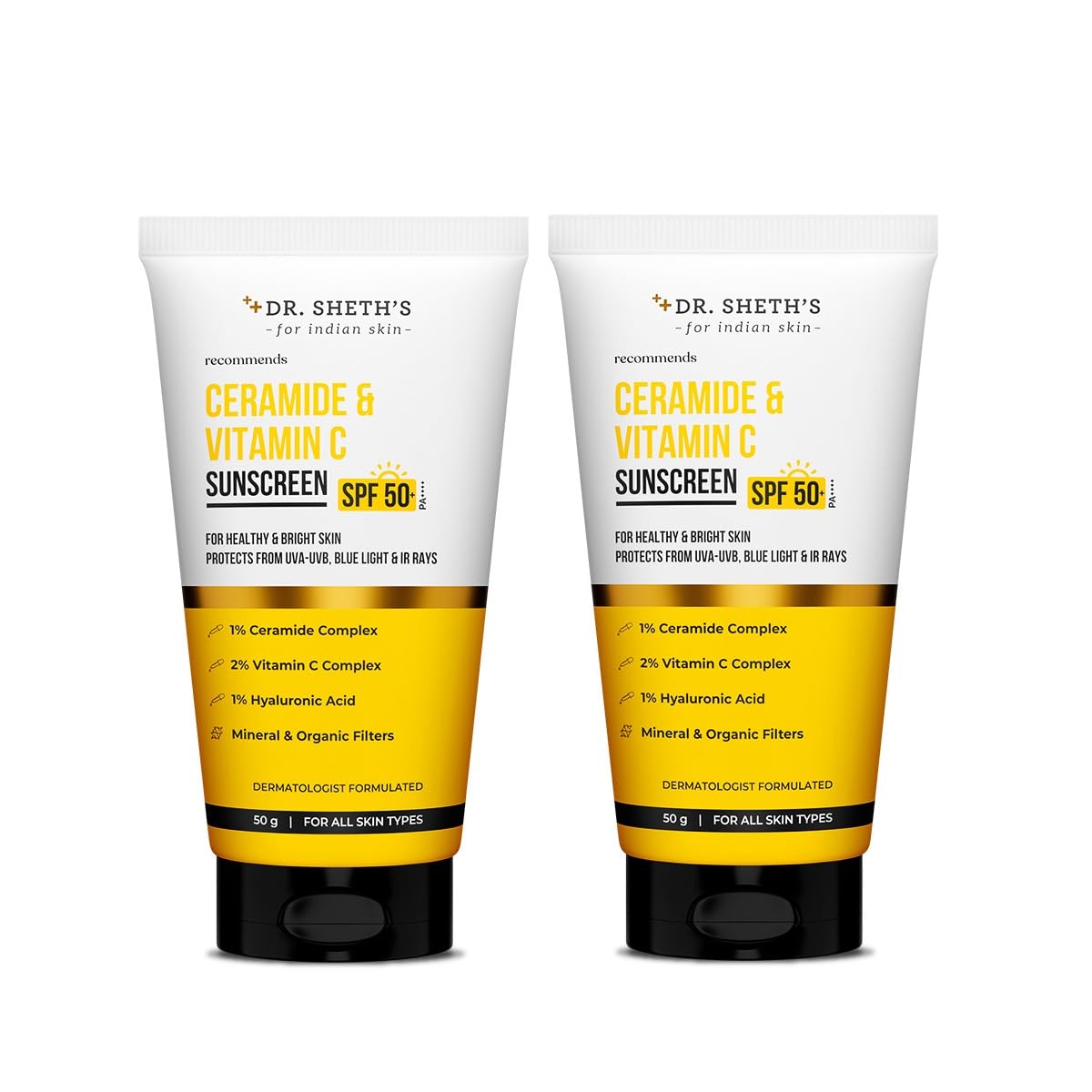 Dr. ShethS Ceramide & Vitamin C Sunscreen | InVivo Tested | Protects, Moisturizes & Brightens Skin | Spf 50+ Pa++++ | Lightwei