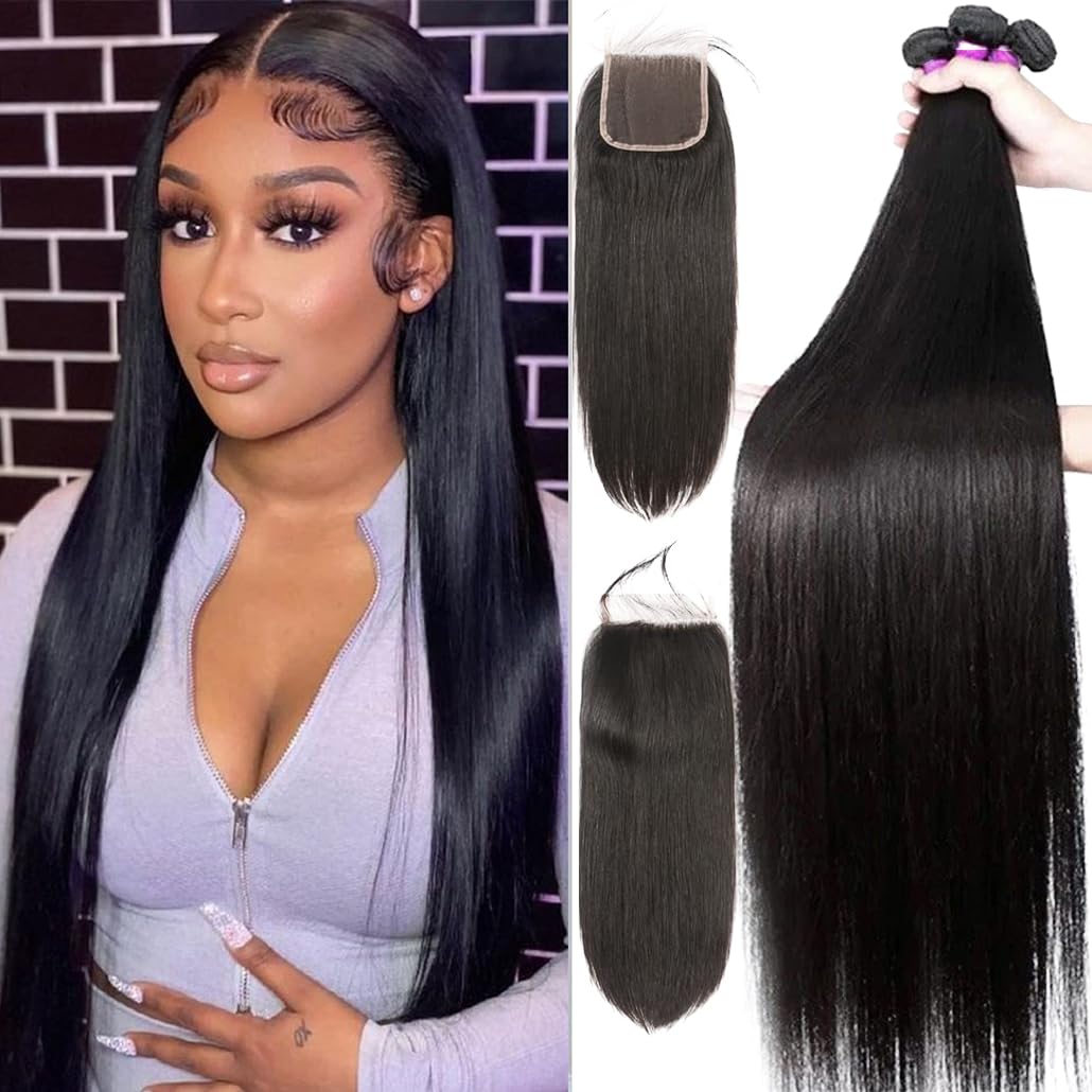 12A Straight Bundles with Closure Human Hair(14 16 18+12) Brazilian Human Hair Bundles with Closure 100% Unprocessed Virgin Quic