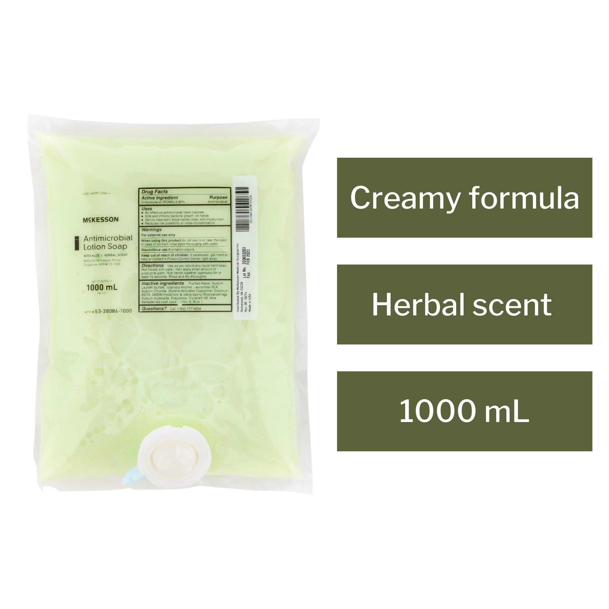 Mckesson Antimicrobial Lotion Hand Soap with Aloe, 1000 mL Refill Bag [Pack of 10 Bags] - Bulk, Herbal Scent, Keeps Hands Clean