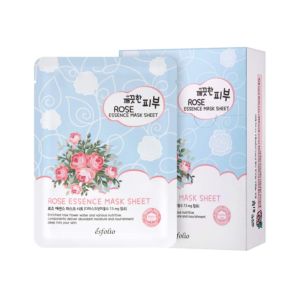 esfolio Rose Essence Sheet Mask - Hydrating & Nourishing Face Mask with Rose Extract, Moisturizing Korean Skincare, Soothing Fac