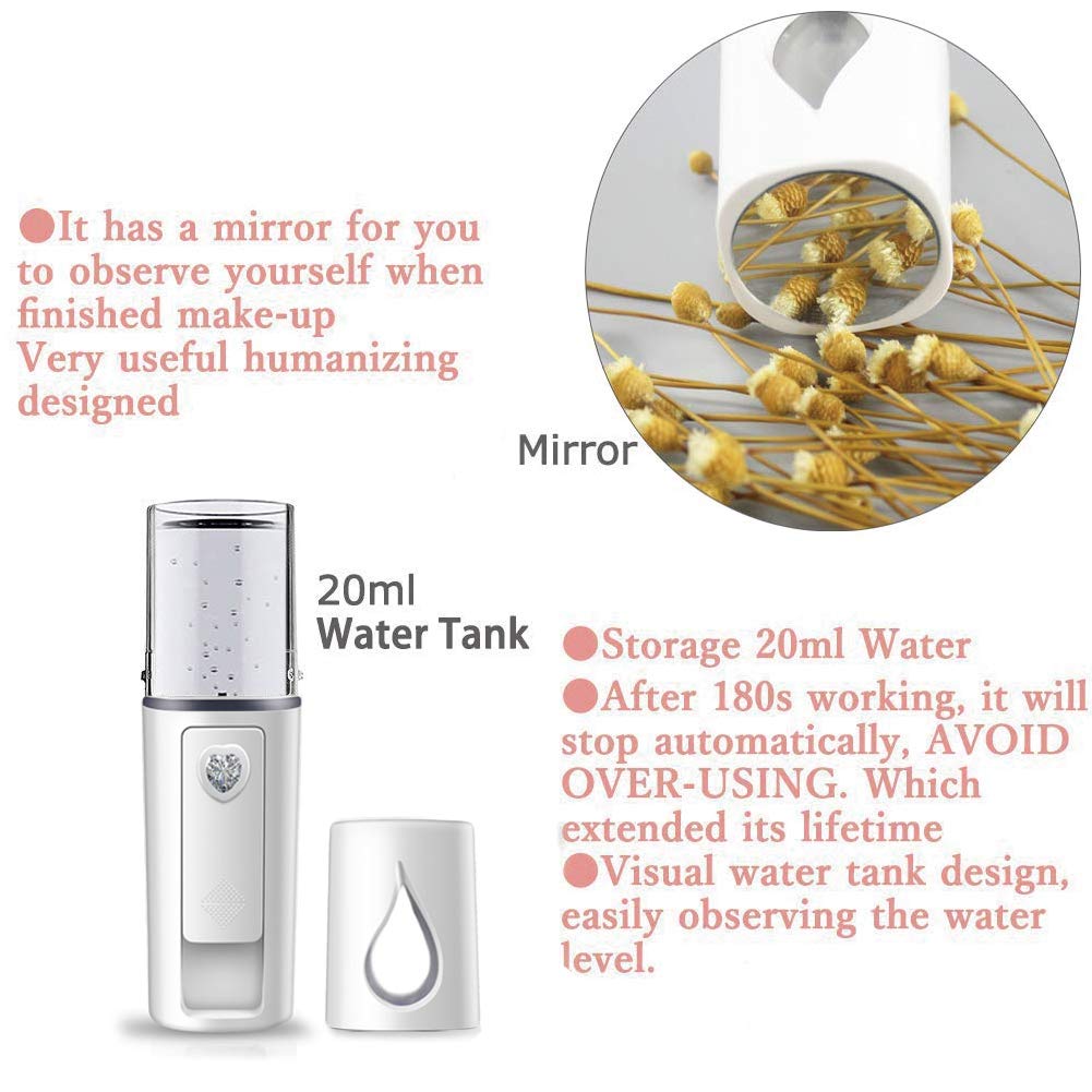 Portable Nano Facial Mister Mini Facial Steamer Atomization Eyelash Extensions With Mirror & 20Ml Visual Water Tank (White)