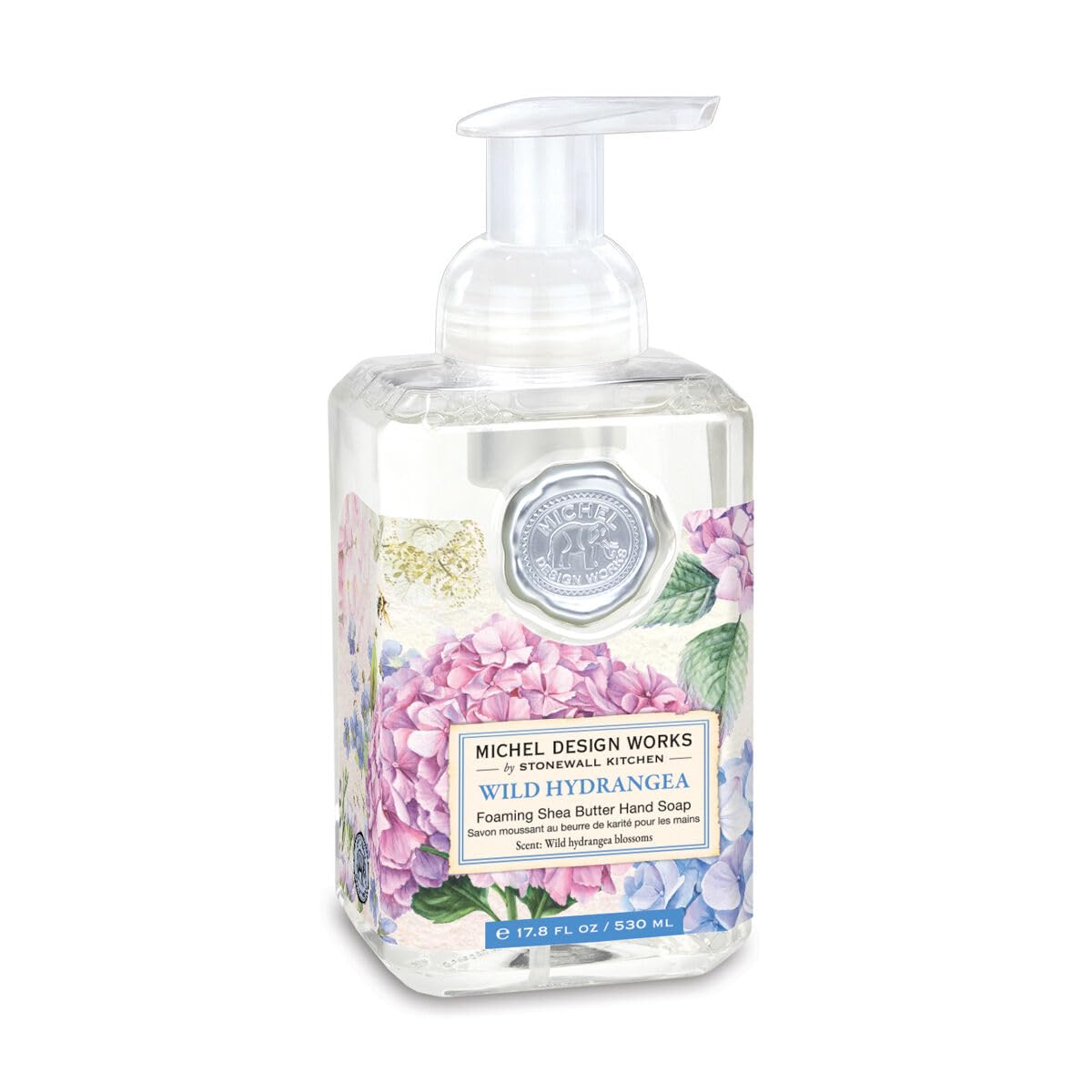 Michel Design Works Foaming Hand Soap 17.8Oz, Hydrangea Scent And Design, Shea Butter And Aloe Vera Blend, Beautiful Square Cont