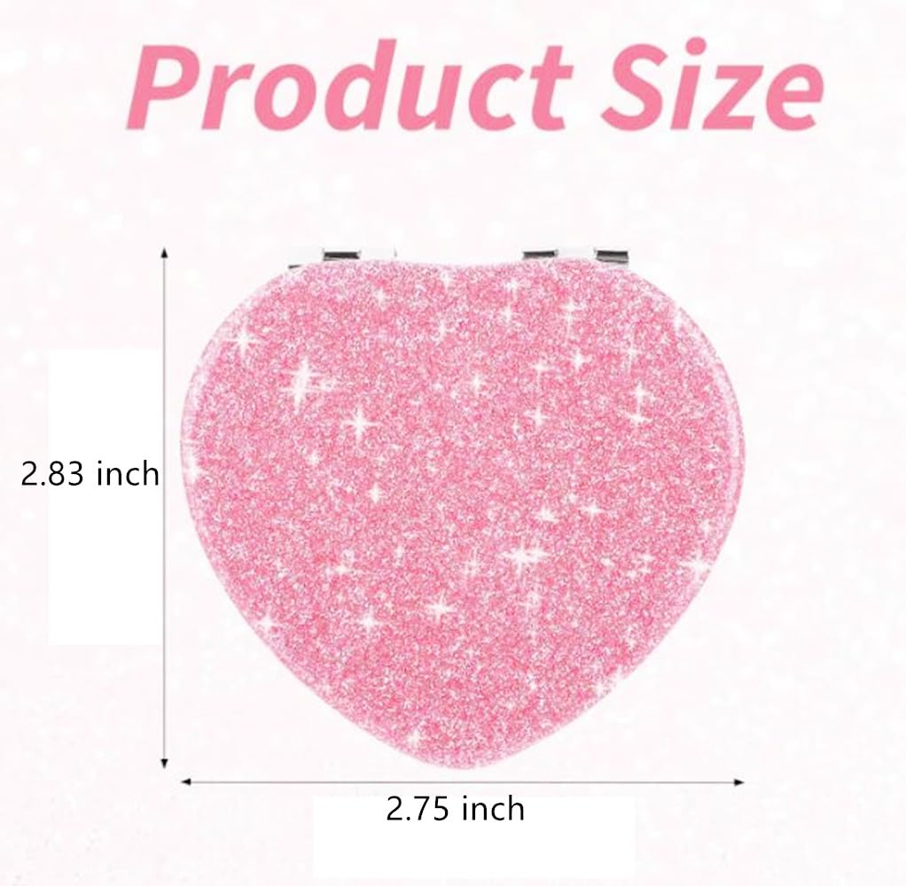 Mpowtech Cute Heart Shaped Compact Mirror For Women,Magnifying Travel Mirror With Glitter,Pink Small Pocket Mirror,Portable 2 X