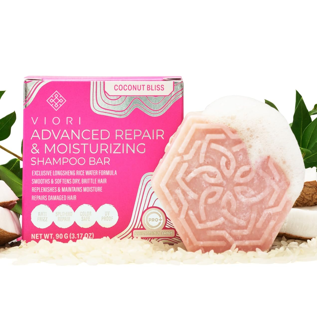Viori Coconut Bliss Advanced Repair And Moisturizing Shampoo Bar - Made With Rice Water For Hair Growth - Handcrafted Sulfate Fr