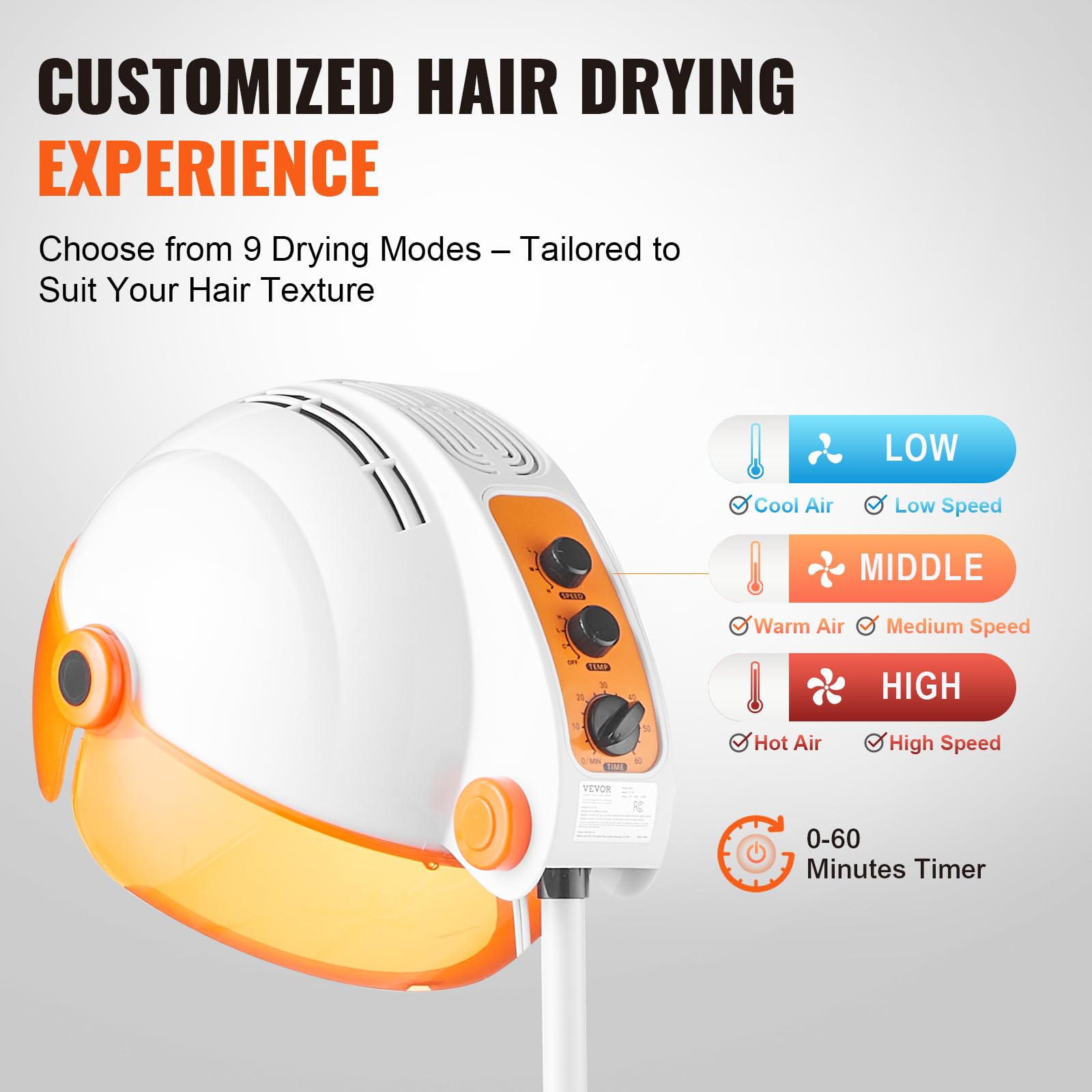 VEVOR 1875W Hooded Bonnet Dryer with Variable Speed, Temperature, Timer, and Wheels for Beauty Salon and Home Spa
