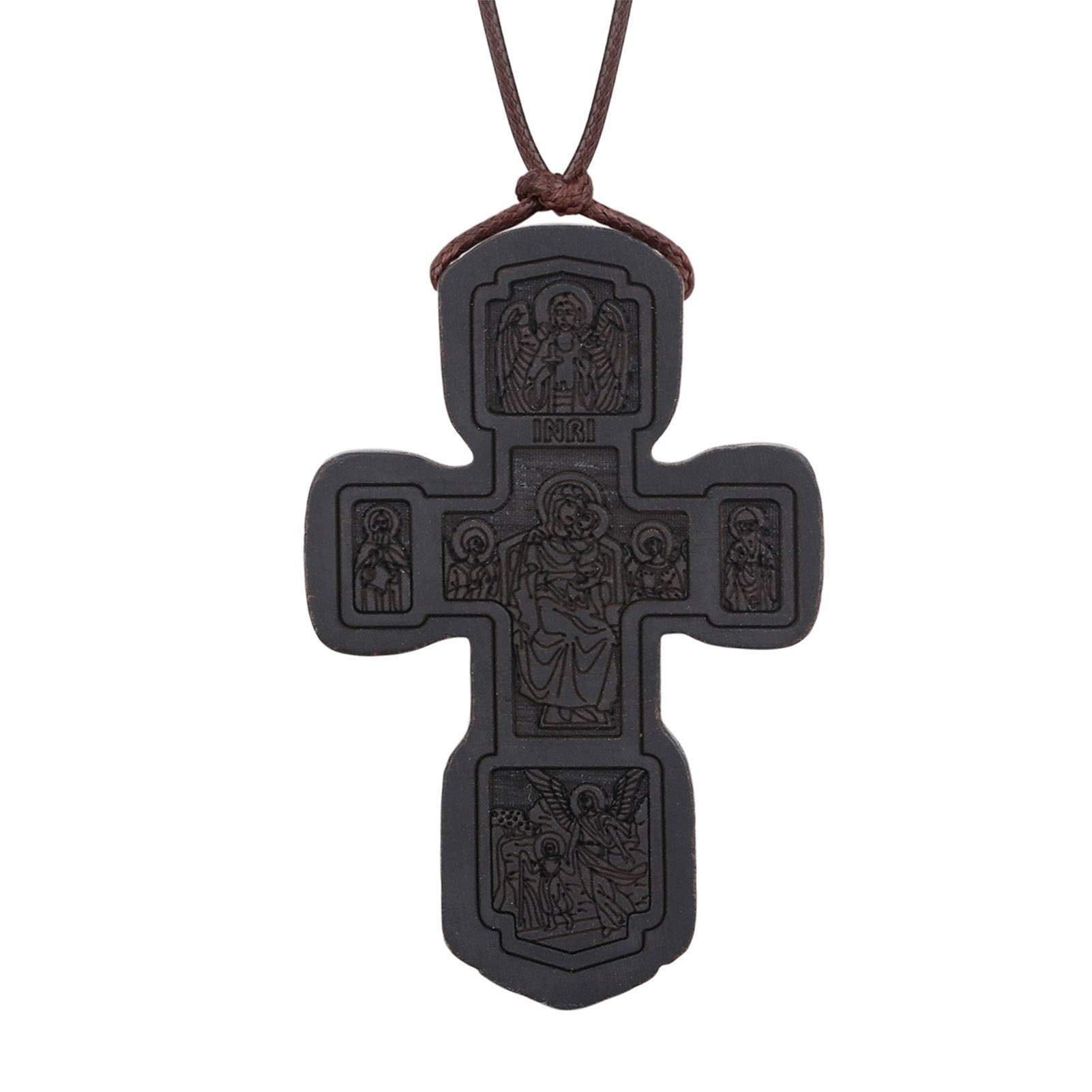 COTTVOTT Wood Orthodox Cross Pendant Necklace Christian Crucifix Necklace Prayer Jesus for Women Men (C-Black Color)