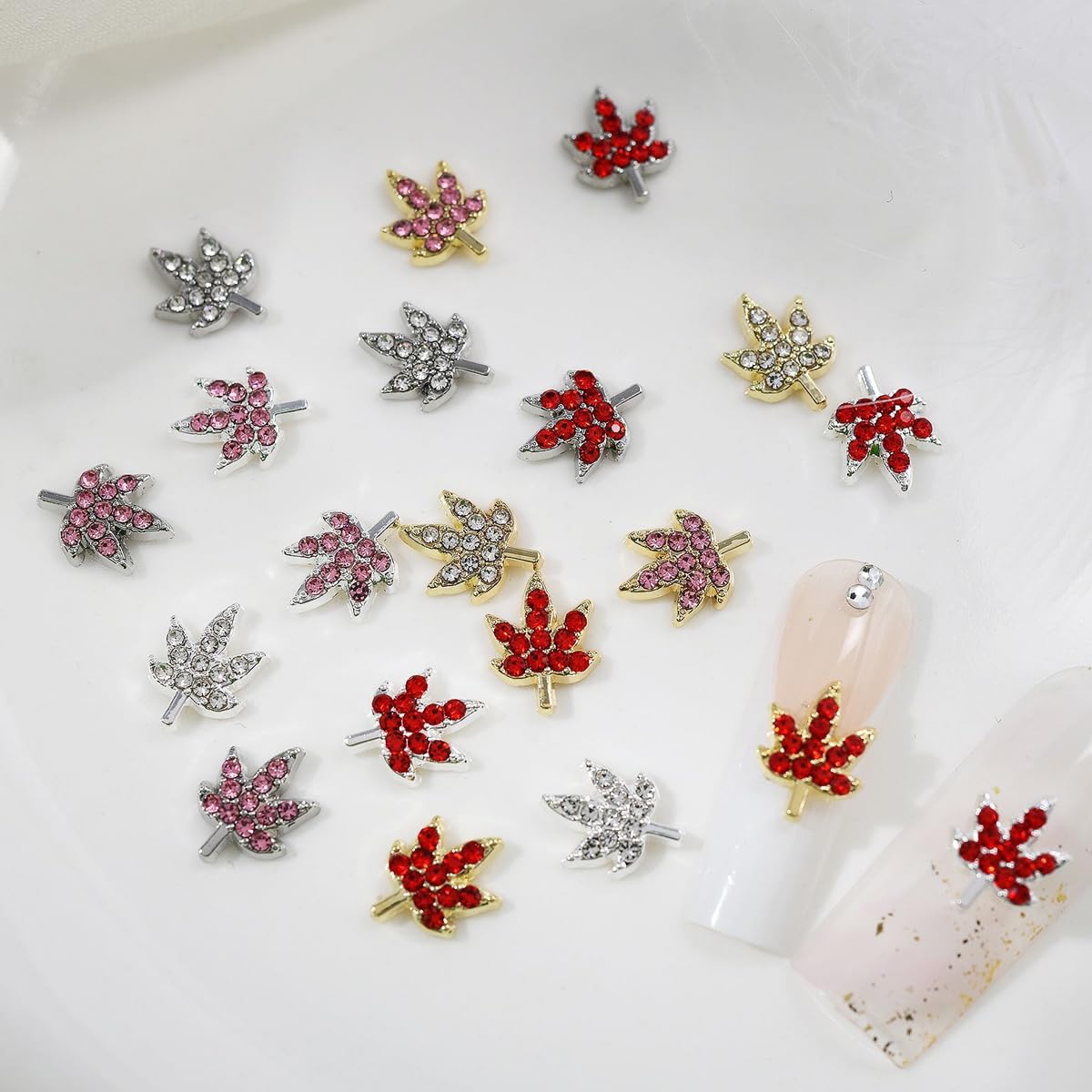 20 Pcs Fall Nail Charms Colorful Maple Leaf Nail Charms 3D Alloy Color Crystal Maple Leaves Nail Rhinestones Mix Luxury Jewelry