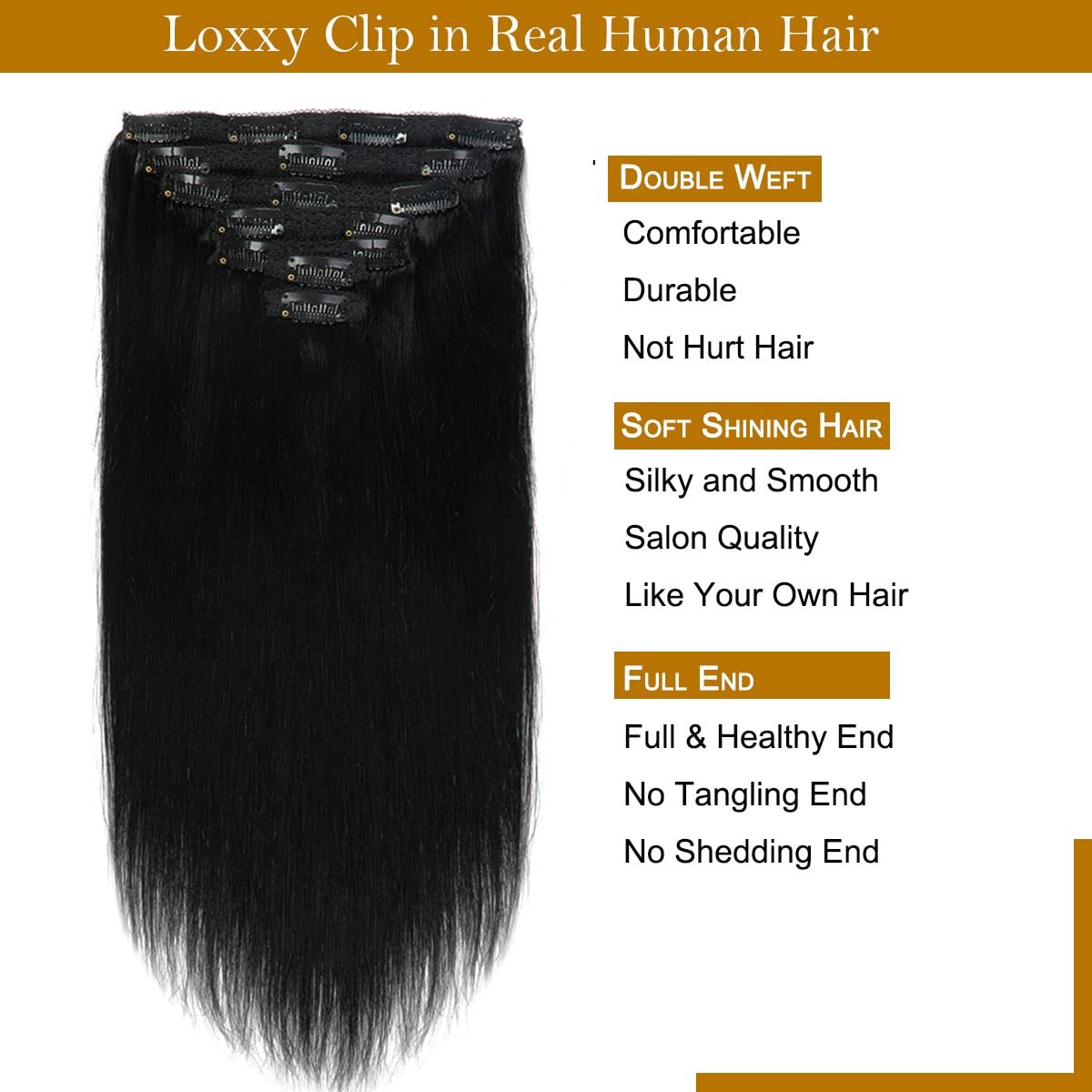 Loxxy Jet Black #1 Hair Extensions Clip In Human Hair Double Weft Thicker 100% Human Remy Hair Clip In New Version Thick Silky S