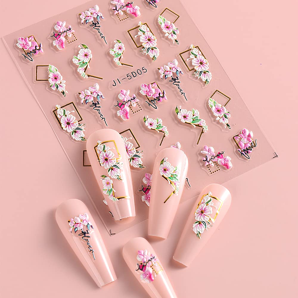 5D Flowers Nail Art Stickers 4 Sheets Pink Flowers Geometric Lines Decor Acrylic Embossed Sliders Gold Strips Nail Decals Acryli