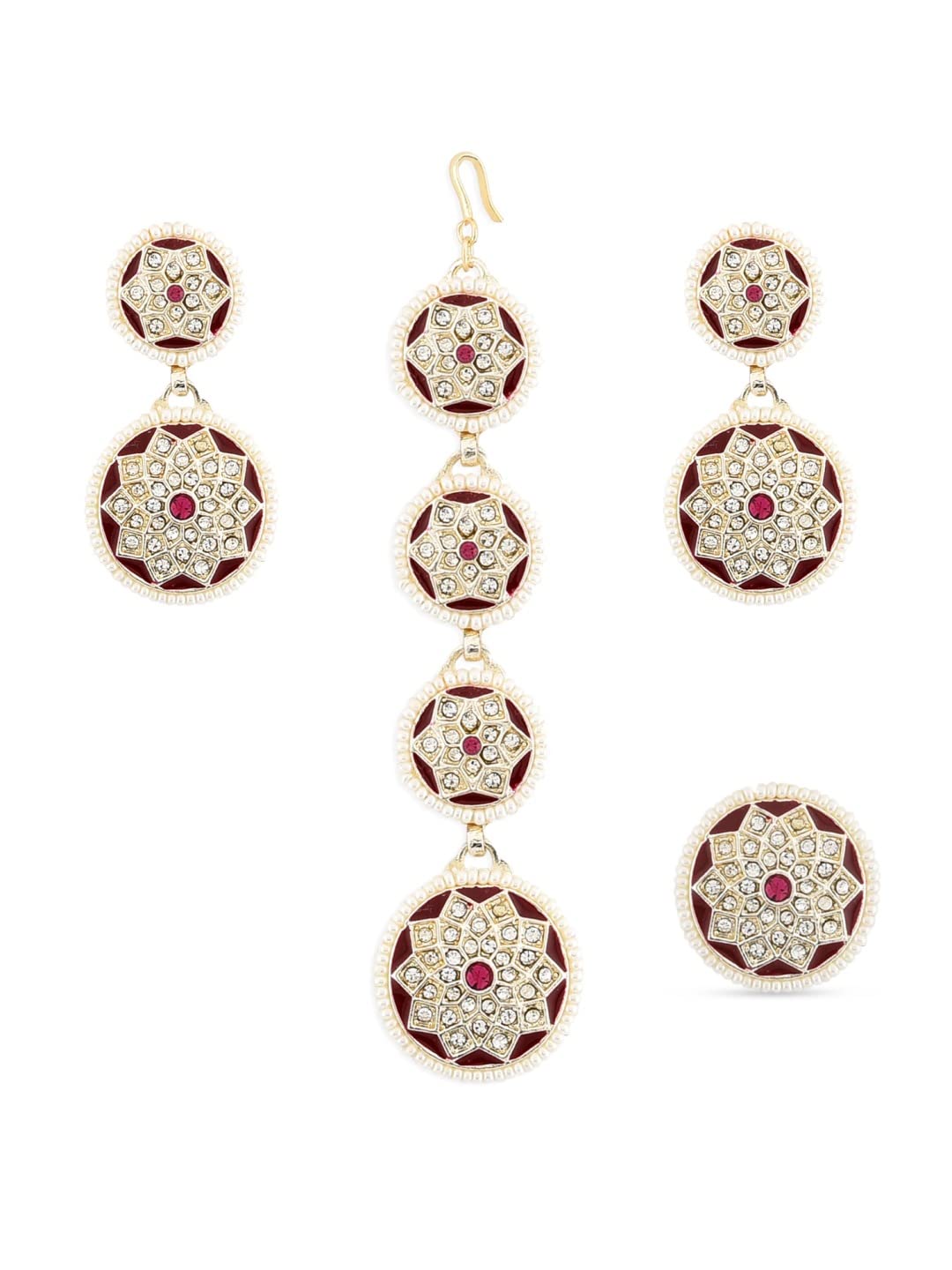 Zaveri Pearls Pink Enamelled Dazzling Diamonds Embellished Earring Maangtikka & Ring Set For WomenZpfk12214