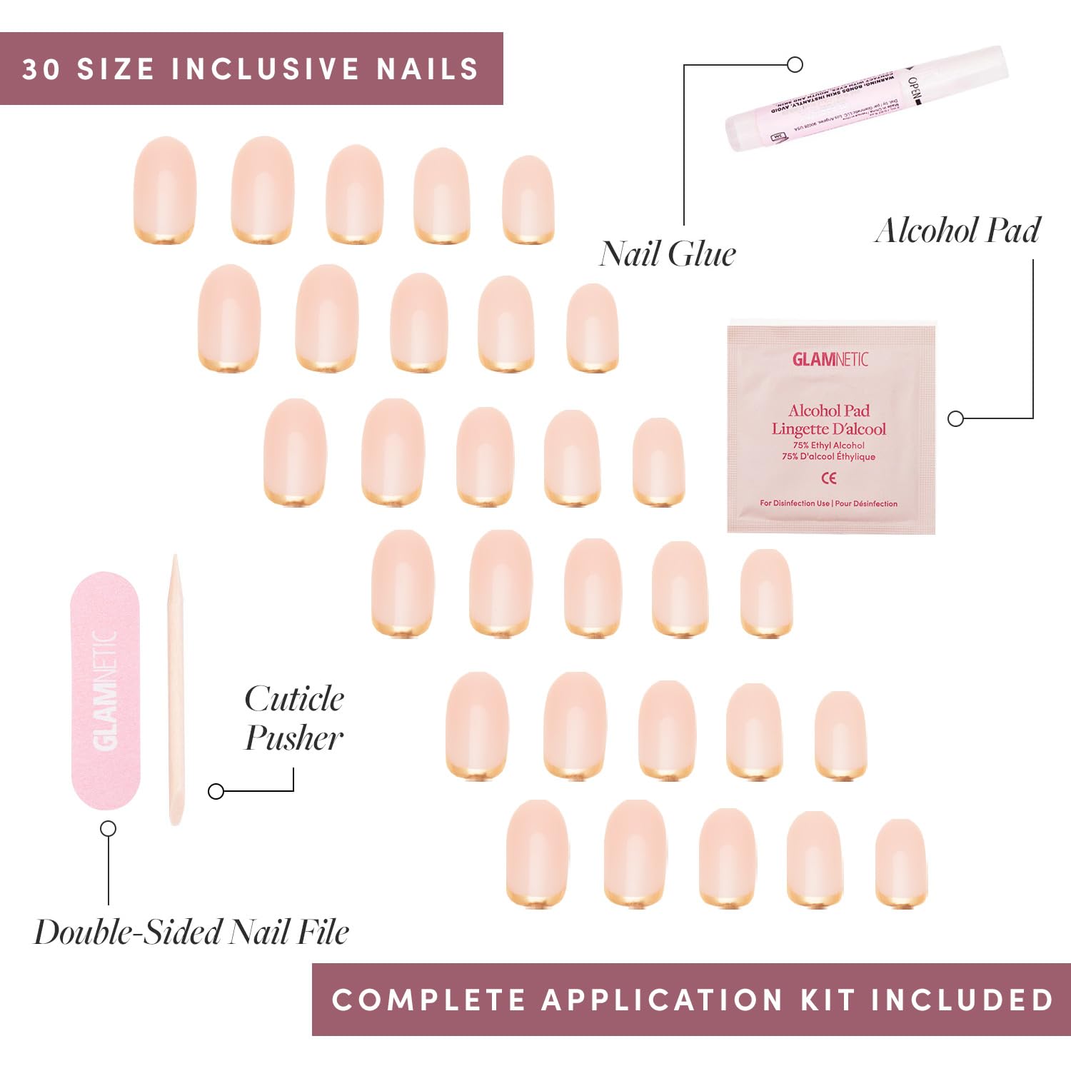Glamnetic Press On Nails - Goal Digger | Glossy, Semi-Transparent, Short Round Nails, Reusable | 12 Sizes - 30 Nail Kit With Glu