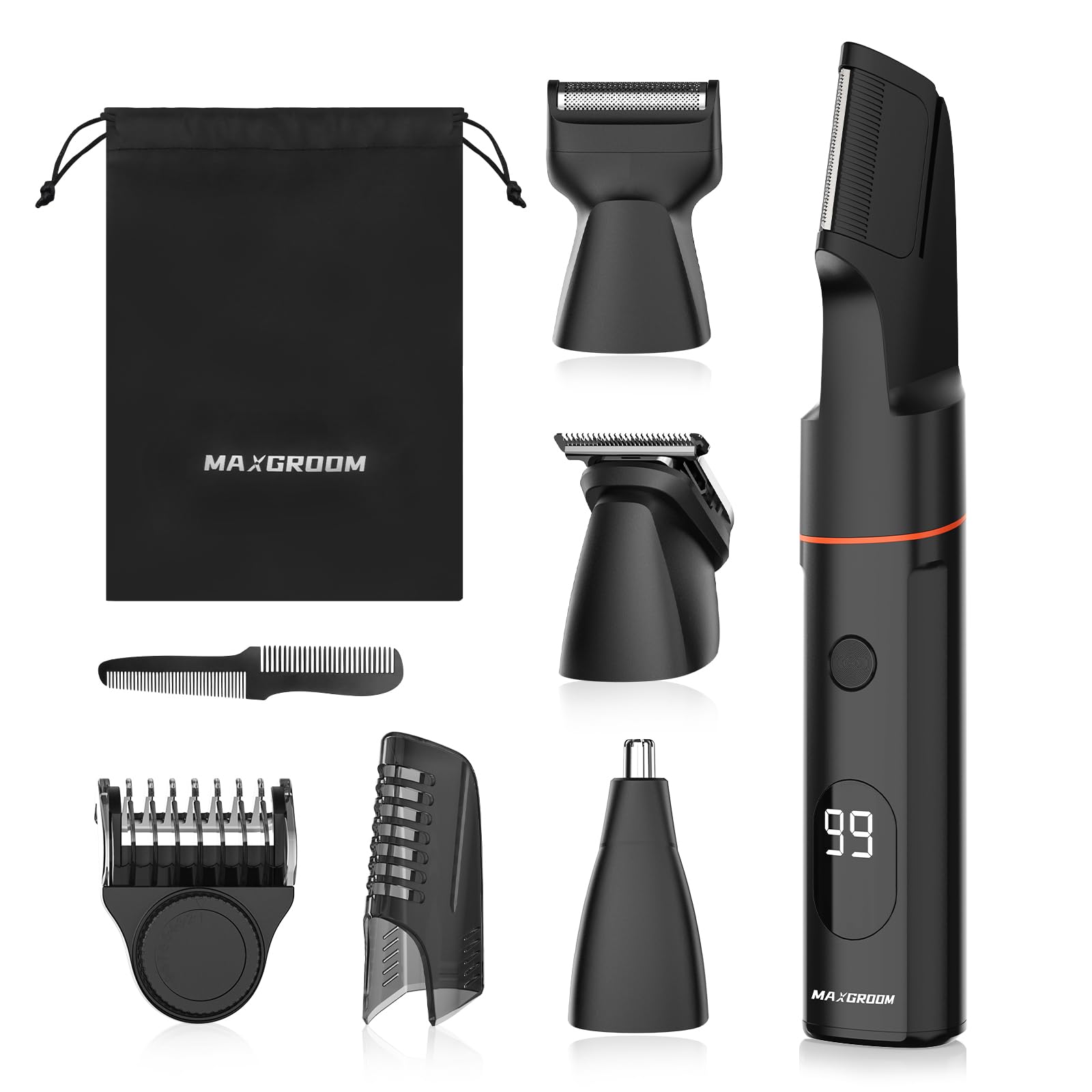 Maxgroom All-In-One Body Hair Trimmer For Men, Waterproof Pubic Groin & Ball Trimmer Men With Adjustable Guide Comb & 4 Intercha