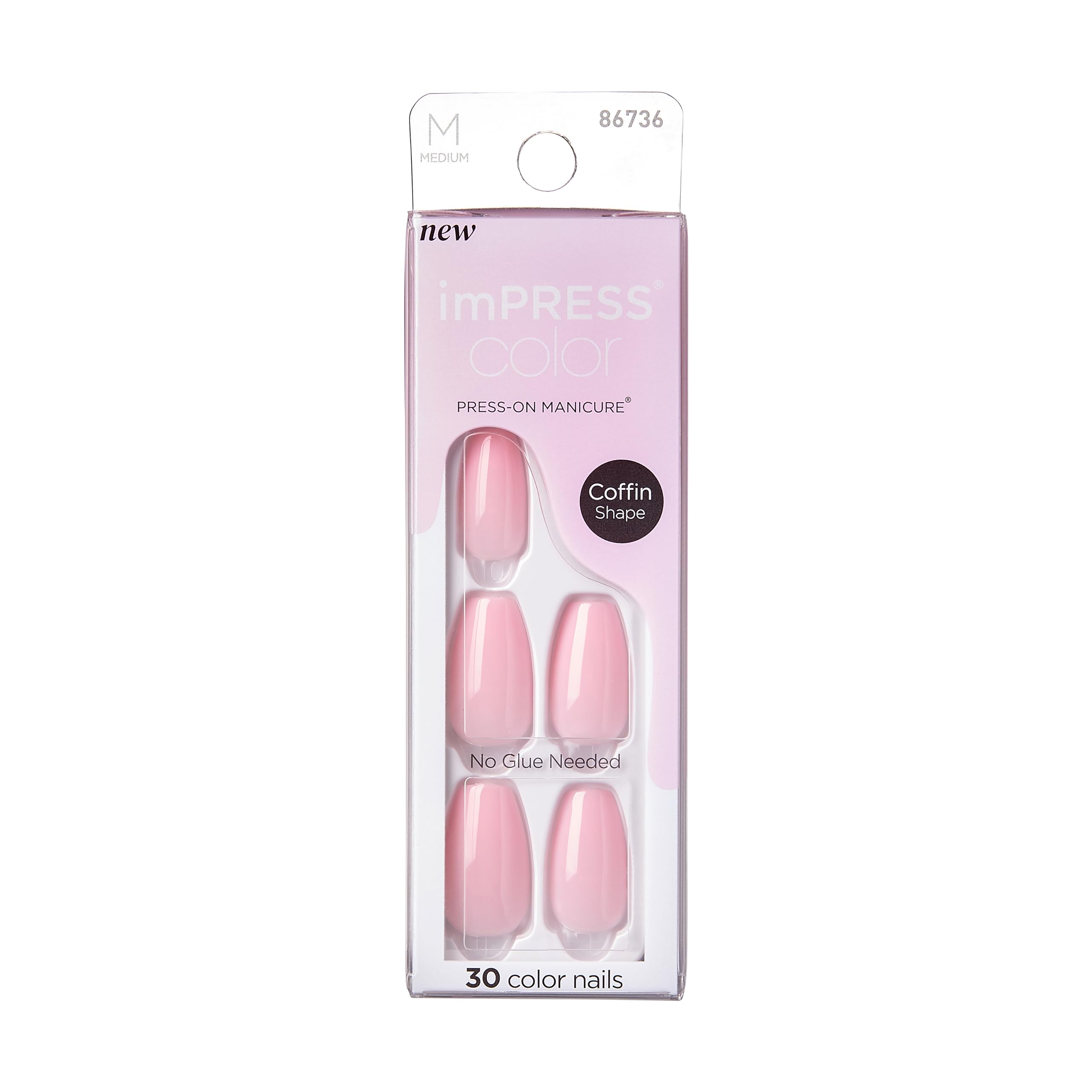 KISS imPRESS No Glue Mani Press On Nails, Color, Pink Dream, Pink, Medium Size, Coffin Shape, Includes 30 Nails, Prep Pad, Ins