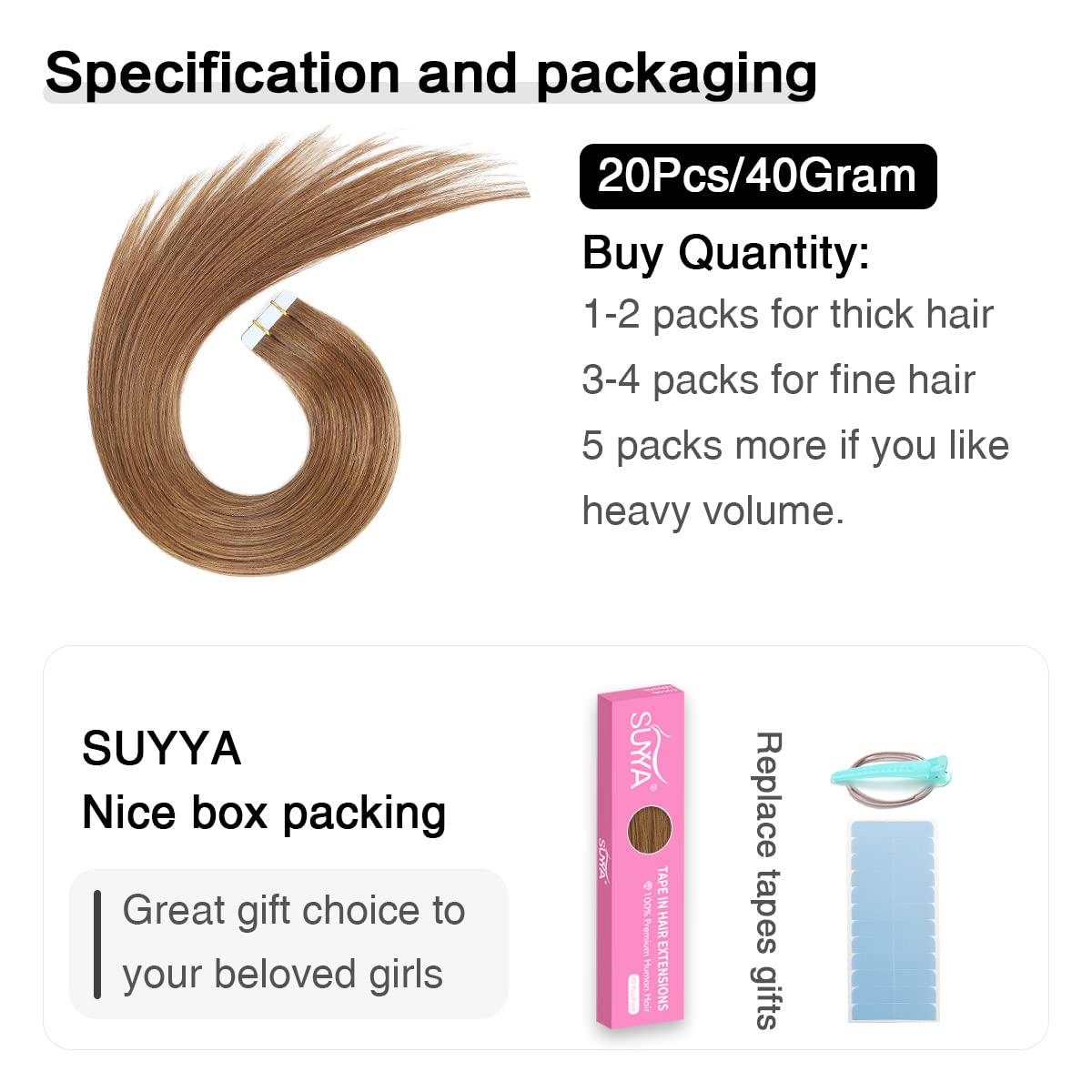 Suyya Tape In Hair Extensions Human Hair 40G/Pack 20Pcs Straight Seamless Skin Weft Tape In Real Human Hair Extensions(16Inch 8#