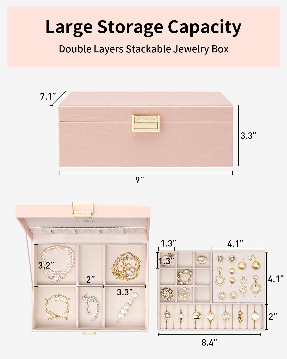 Vlando 2 Layer Jewelry Box Large Jewelry Organizer for Women Removable Jewelery Tray for Necklace Earrings Rings Bracelets Jewel