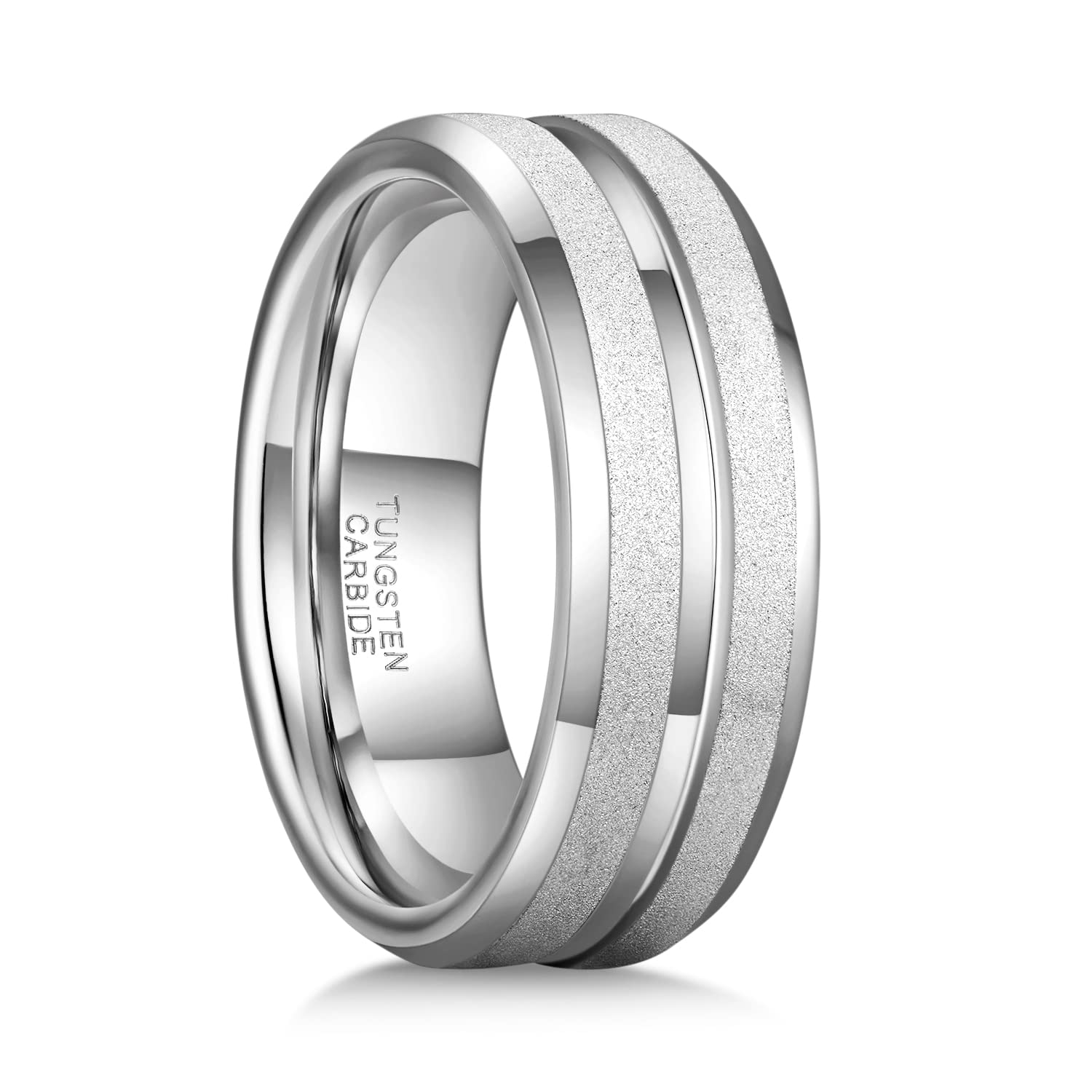 Greenpod 8MM Tungsten Carbide Rings for Men Sandblasted Beveled Edge Polished Silver Wedding Band Centre Groove Comfort Fit Size