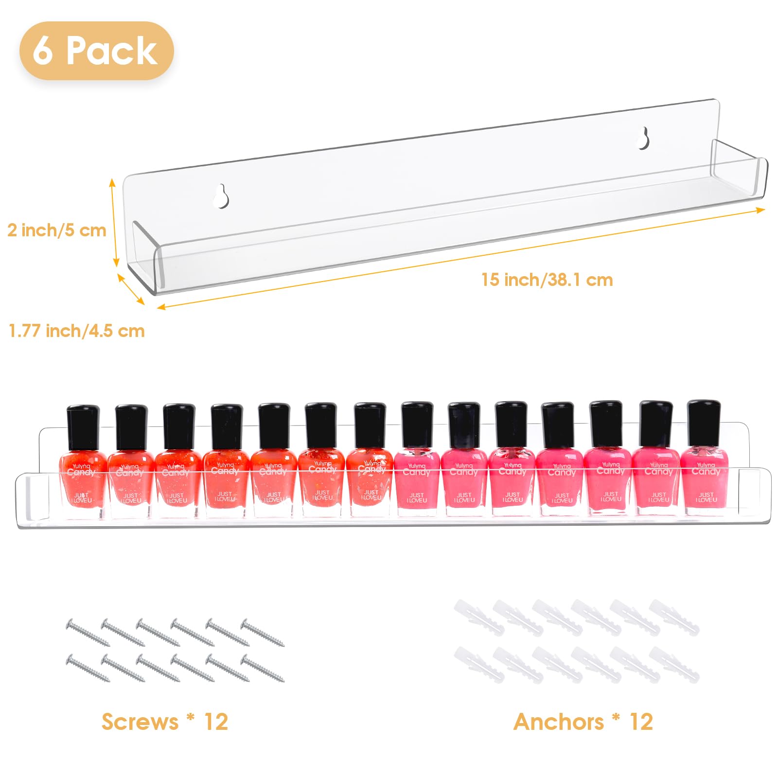 AumVum 6 Pack Nail Polish Organizer Wall Mounted Shelf with Removable Anti-Slip End Inserts, Paint Rack Acrylic Organizers Displ