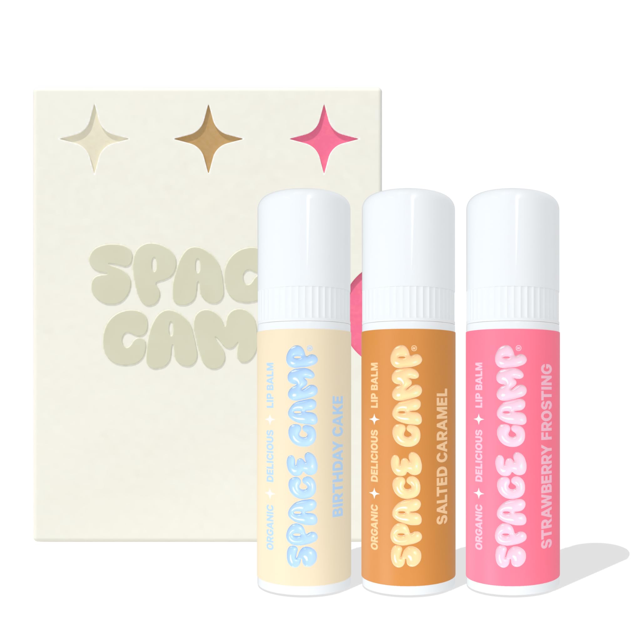 Space Camp Wellness Jumbo Lip Balm Gift Set  Organic Flavored Moisturizing Lip Balm, 3 Pack (Birthday Cake, Salted Caramel, Str