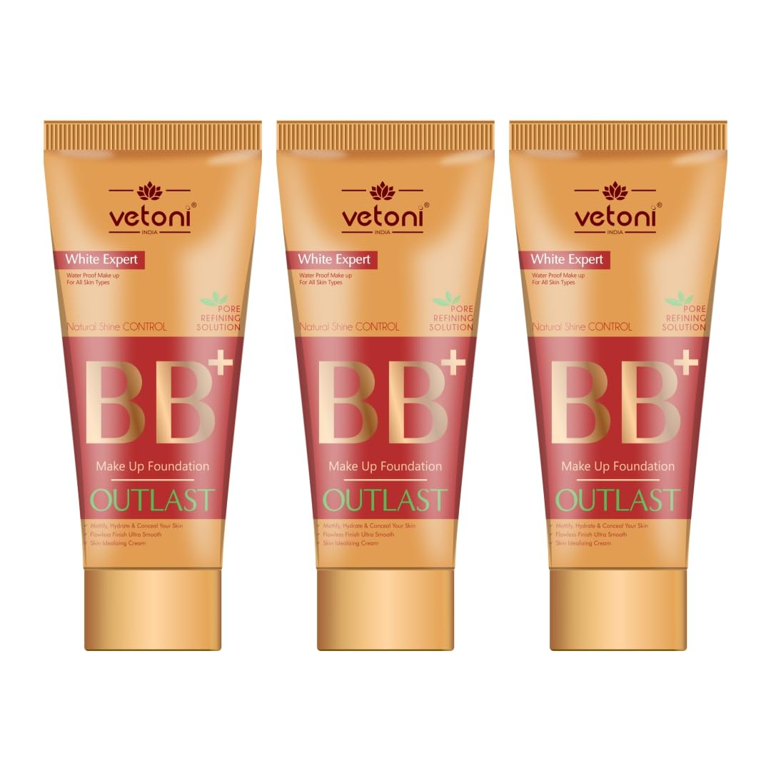 Vetoni Bb+ Cream Foundation, 60Ml, 3In1 Moisturizer + Spf 37++, 12Hr Long Wear, Medium To High Coverage, Set Of 3