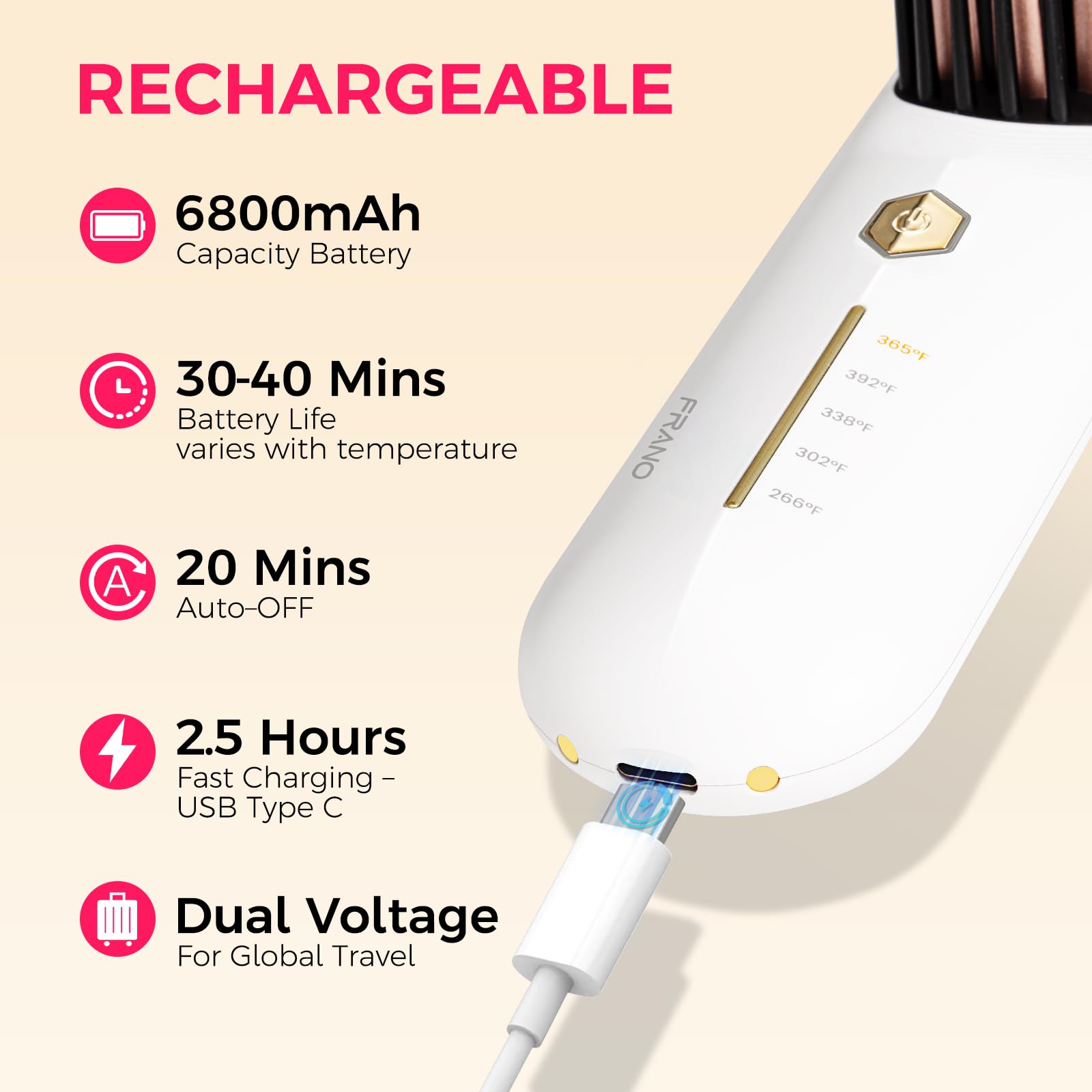 FRANO Cordless Hair Straightener Brush, Portable Rechargeable Straightening Brush for Travel, Negative Ionic Hair Brush Straight