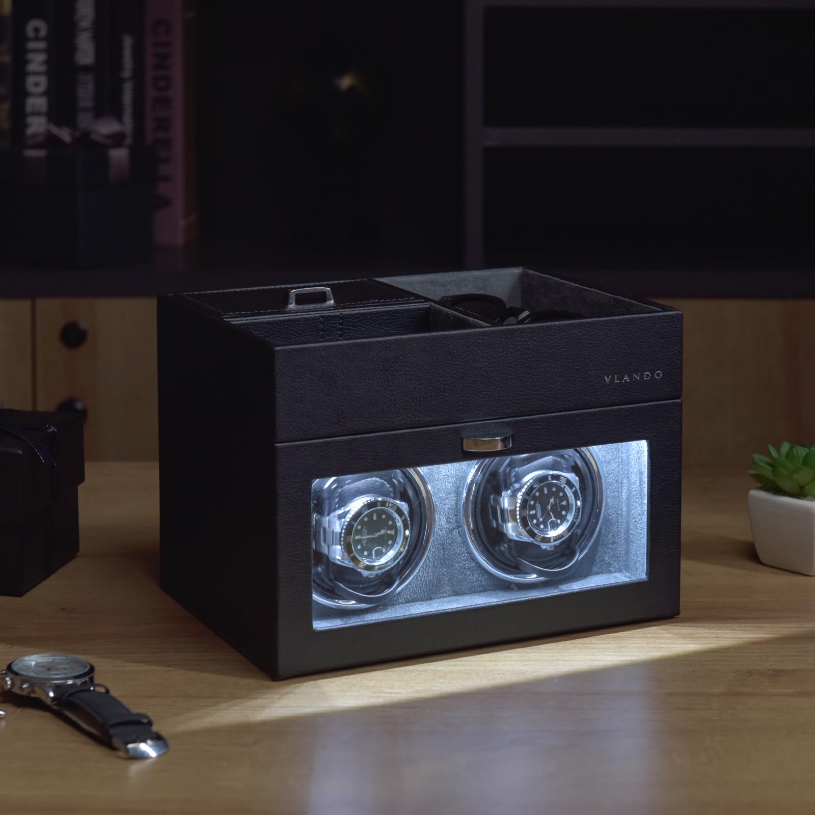 Vlando Double Watch Winder - Automatic Suede Box with Jewelry Organizer, Adjustable Pillows, LED Light, Black, Model VJ-23038-BK+GY-02