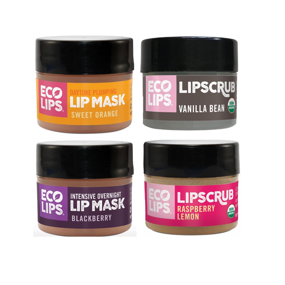 Eco Lips Organic Sugar Lip Scrub, Plumping Lip Mask & Overnight Intensive Lip Mask for Chapped Lips 4-Pack (0.25 oz. each) - 100