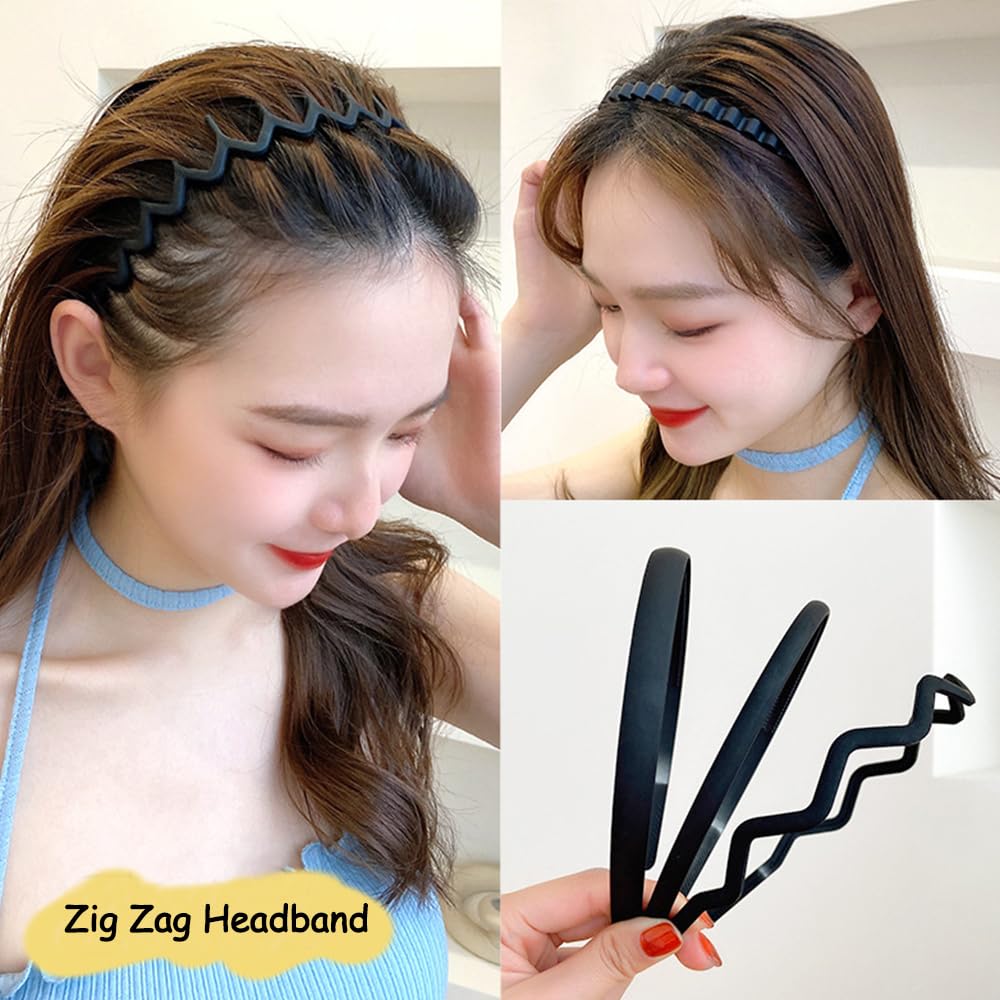 TOBATOBA 12Pcs Black Headbands for Women with Teeth Plastic Head Bands for Women's Hair Non Slip Comb Skinny Zig Zag Headbands F