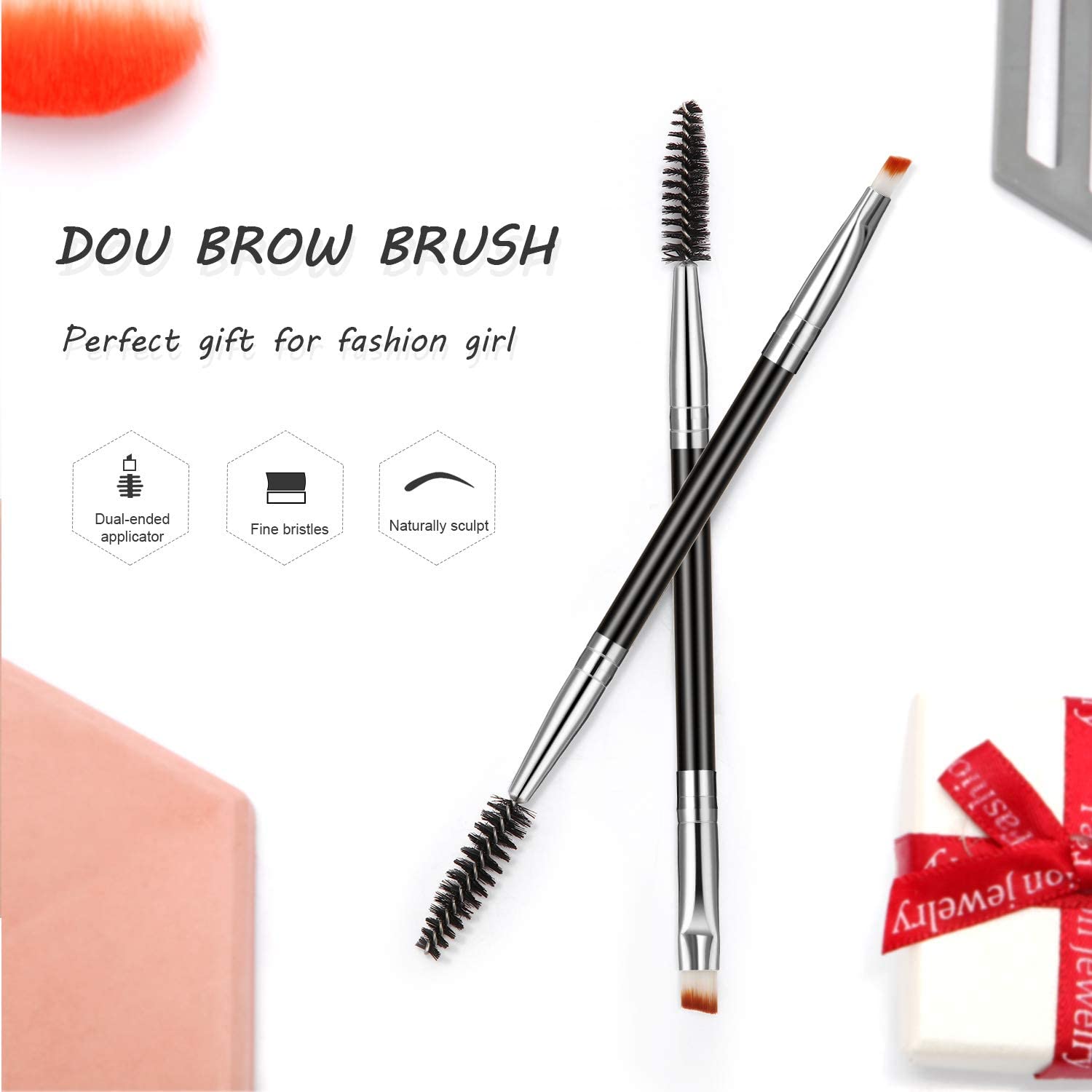 6 Pieces Duo Eyebrow Brush Angled Eye Brow Brush and Spoolie Brush Mini Eyelash Brush for Tinting Angled Eyebrow, Fit for Gel an