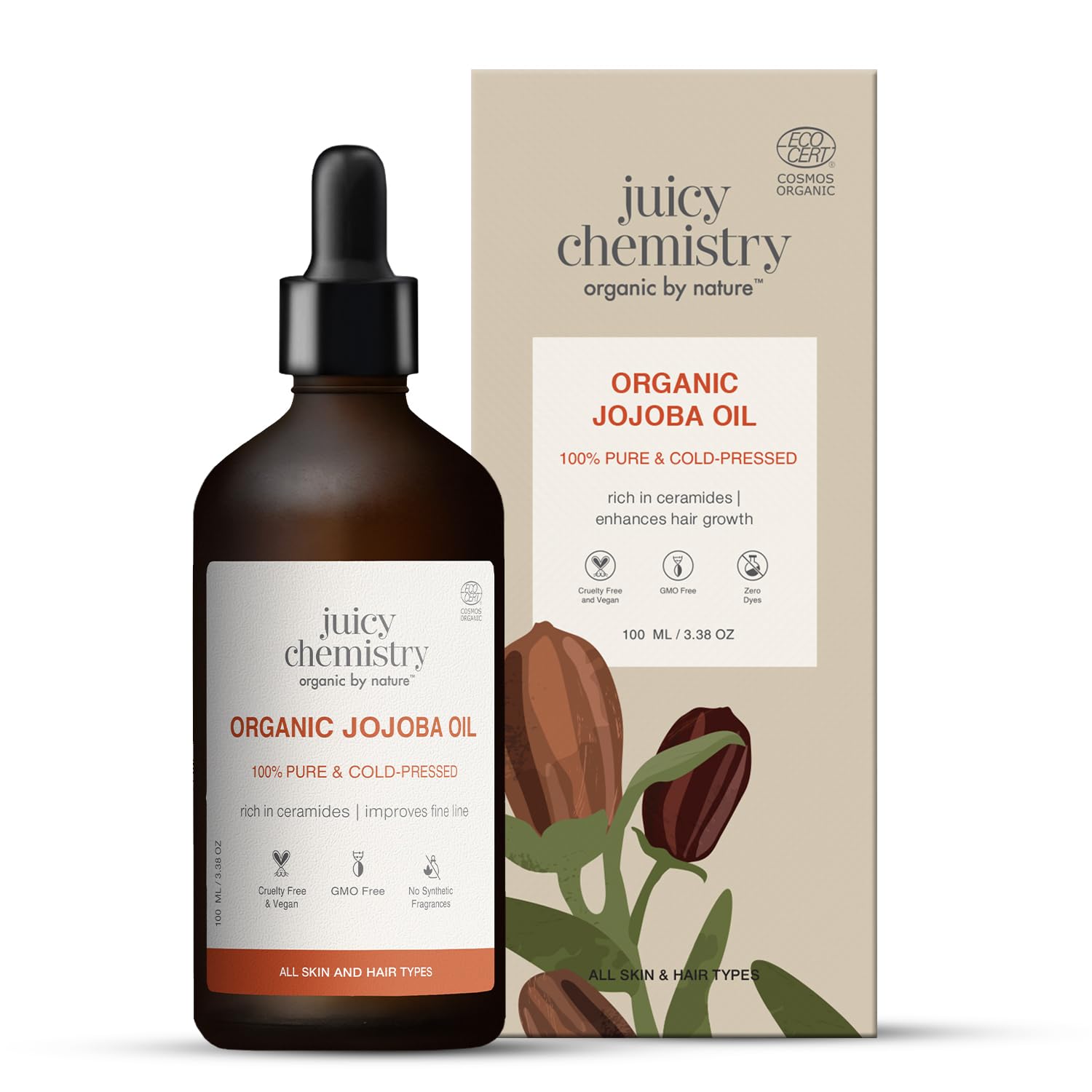 Juicy Chemistry Organic Jojoba Oil, 100 Ml | 100% Pure, Cold Pressed & Virgin | Carrier Oil For Skin, Hair & Cuticles | Ceramide