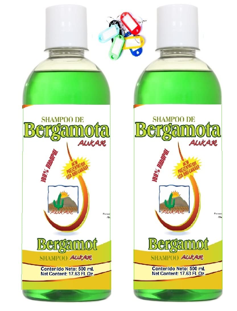 AUKAR Bergamot Shampoo 17.63 Fl Oz (PACK of 2) plus Key Chain Shampoo de Bergamota 500ml m  s Llavero. Twin Pack. 100% Natural.