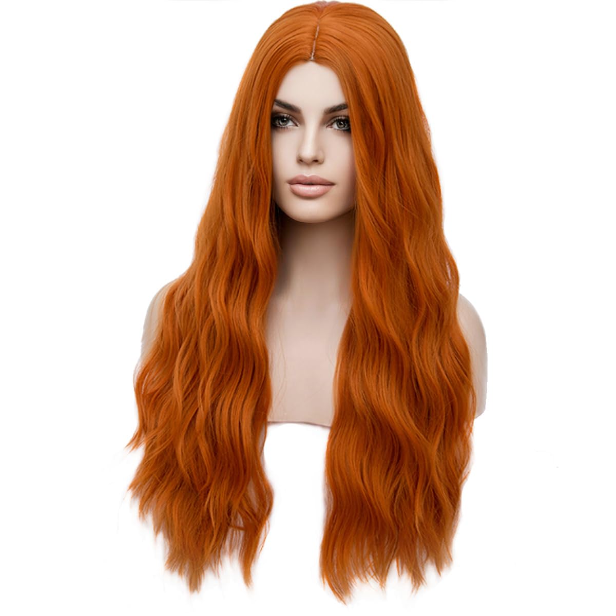 Pattnium 27 Inches Orange Wig Long Wavy Wig Dark Orange Wig For Women Girls Milddle Part Ginger Wig Heat Resistant Synthetic Hai