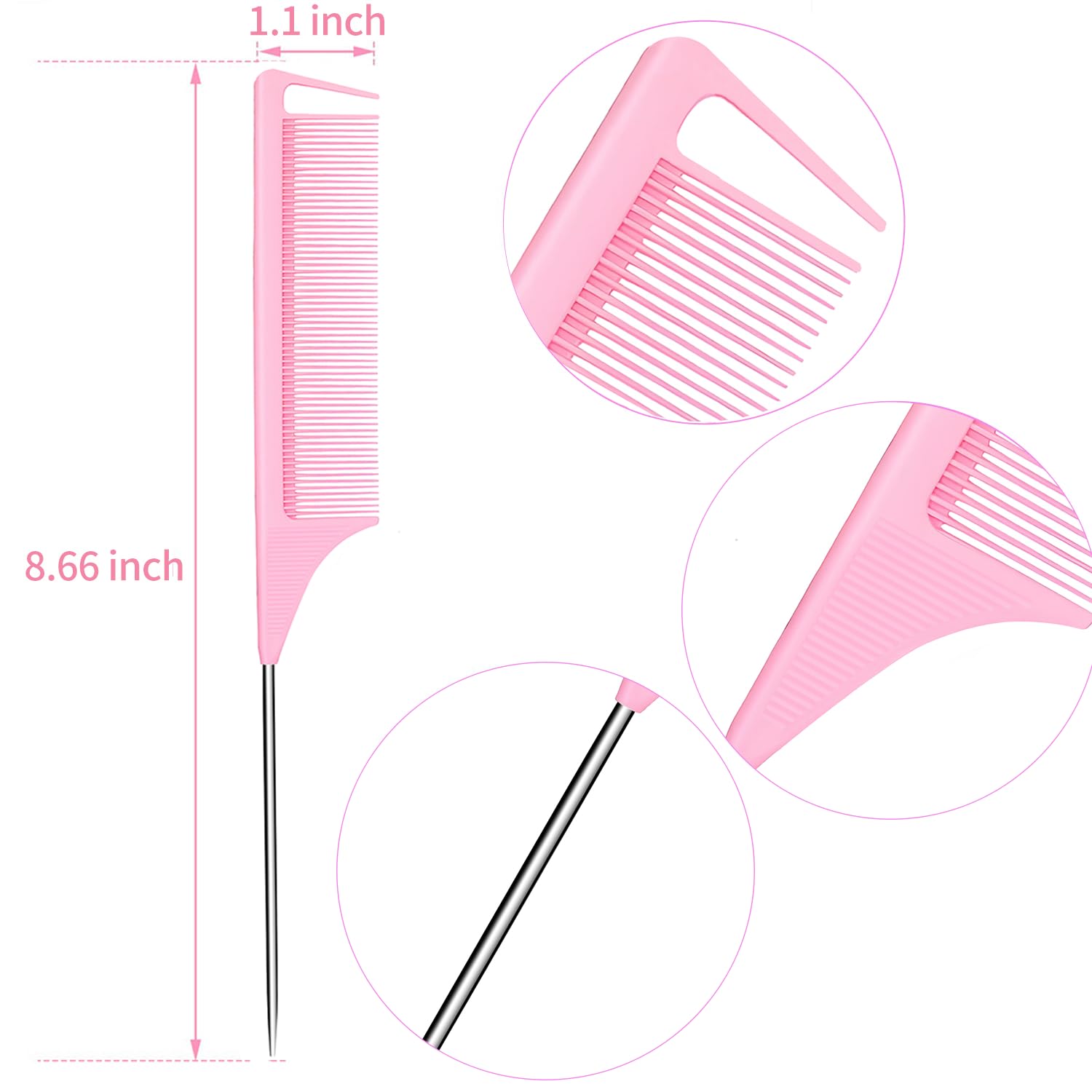 6Pcs Hair Rat Tail Comb Metal Carbon Parting Hairdressing Styling Tools For Women And Girls (Pink)
