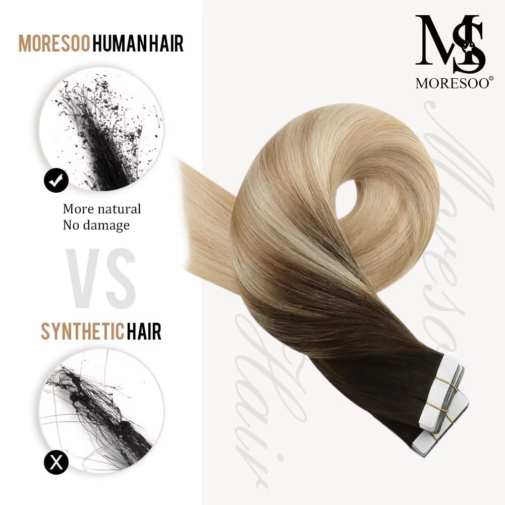 Moresoo Tape In Hair Extensions Human Hair Ombre 24 Inch Tape In Balayage Hair Extensions 40Pcs Remy Hair Extensions Tape In #2/