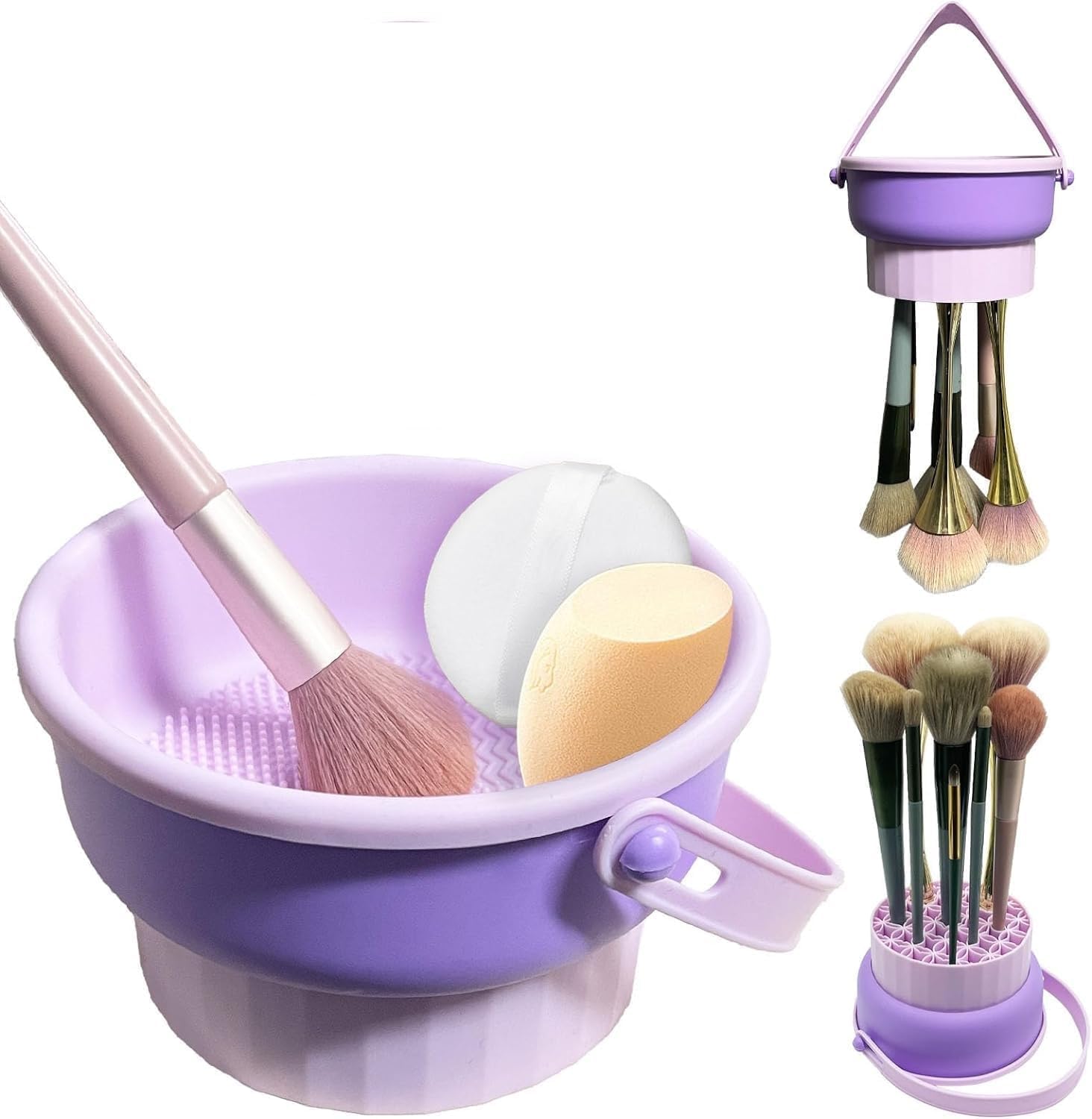 Ateto 3 In 1 Silicone Makeup Brush Cleaner Bowl | Cosmetic Brush Cleaning Mat With Drying Holder | Portable Makeup Sponge & Powd