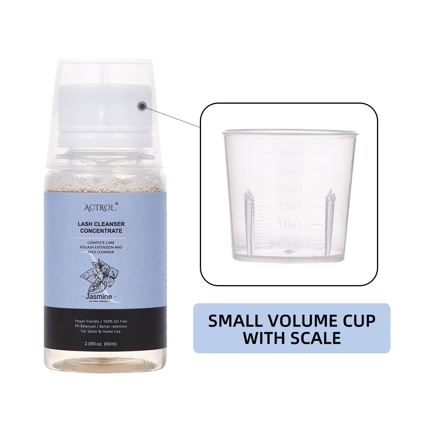 ACTROL Eyelash Cleanser Concentrate 60ml Jasmine Professional Lash Shampoo Foaming Cleanser DIY Non-lrritating Wash for Extensio