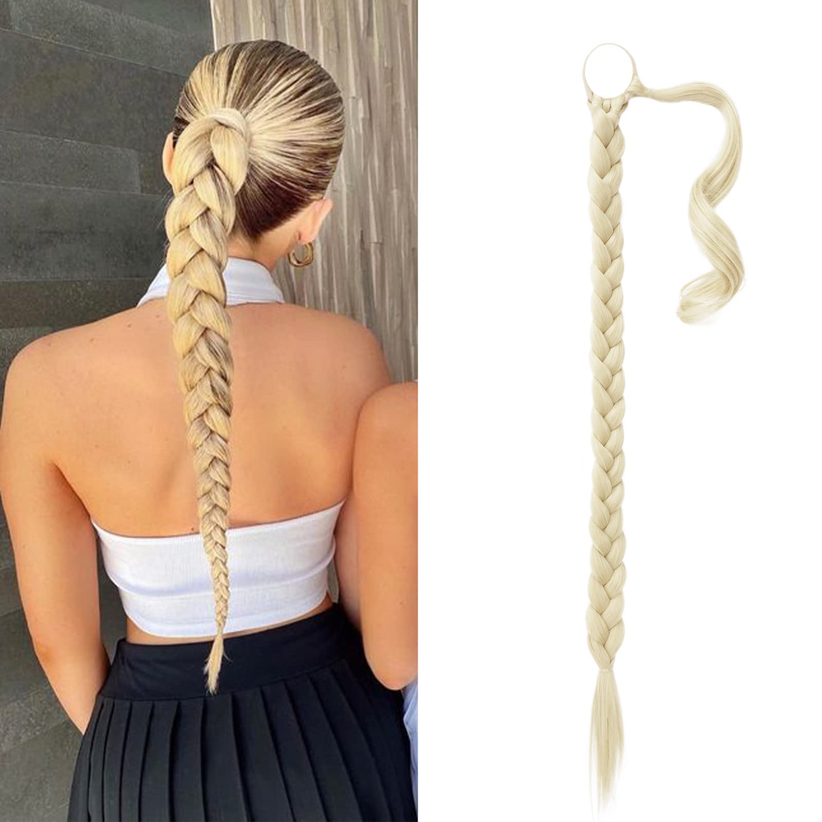 BARSDAR 30 Inch Long Braided Ponytail Extension with Hair Tie Straight Wrap Around Hair Extensions Pony Tail DIY Natural Soft Sy