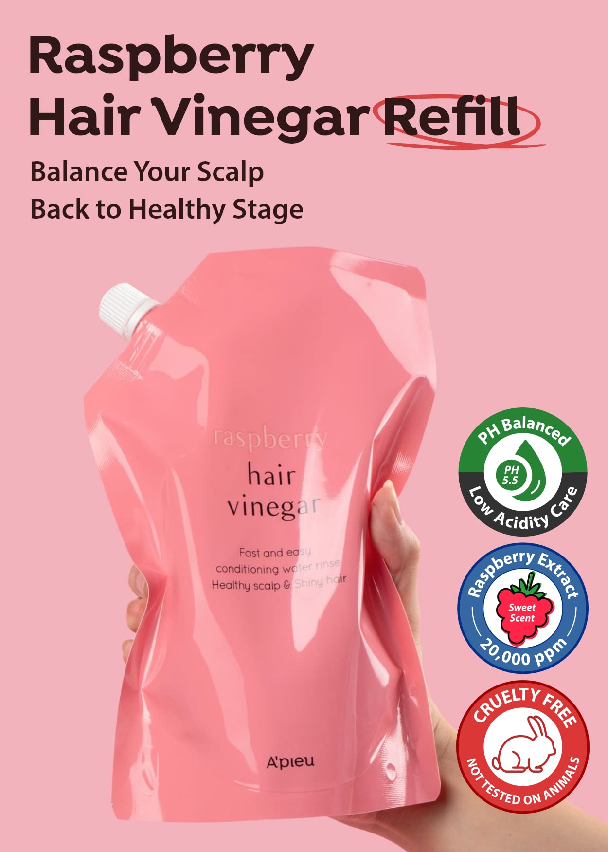 A'Pieu Raspberry Hair Vinegar Rinse Refill 13.6 Fl Oz - Scalp Treatment For Balanced Ph, Shiny Hair | Korean Hair Care I Clarifi