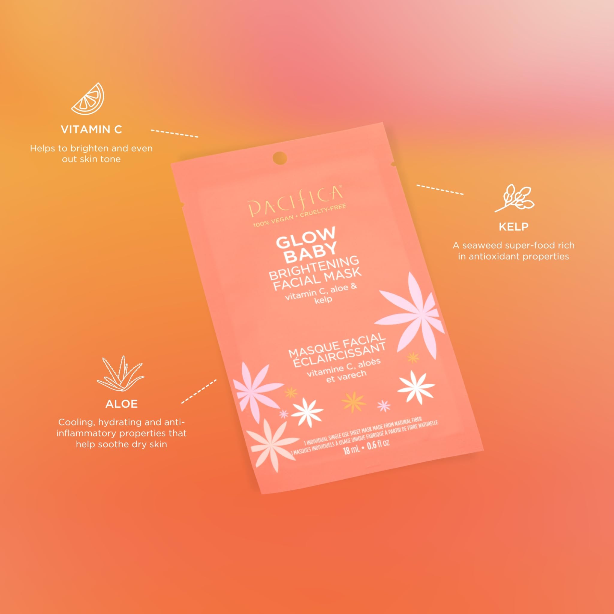 Pacifica Beauty Glow Baby Brightening Facial Mask, Skincare, Sheet Mask, Vitamin C, Aloe, Kelp, Dark Spots, Fine Lines, Cooling