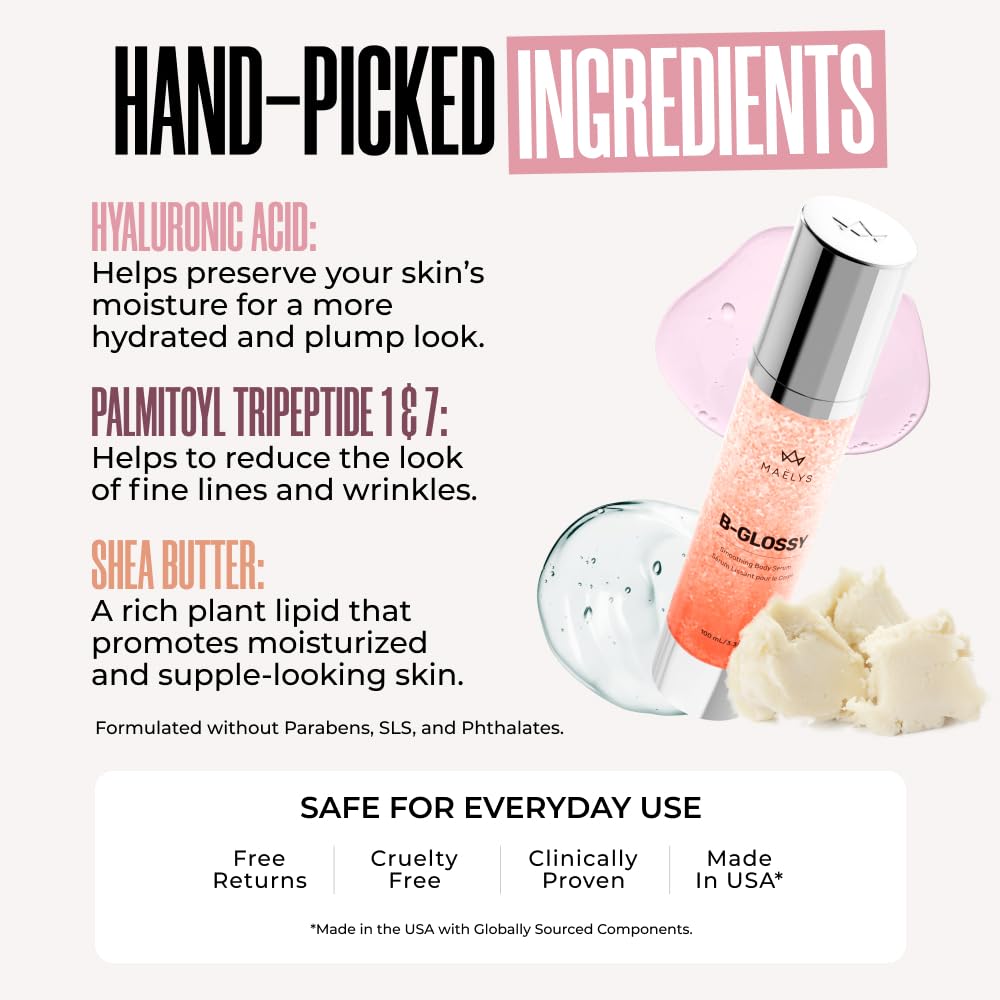 Malys B-Glossy Smoothing Body Serum - Anti-Aging Hyaluronic Acid Serum For Body Wrinkles - Hydrating Wrinkle Serum With Peptides