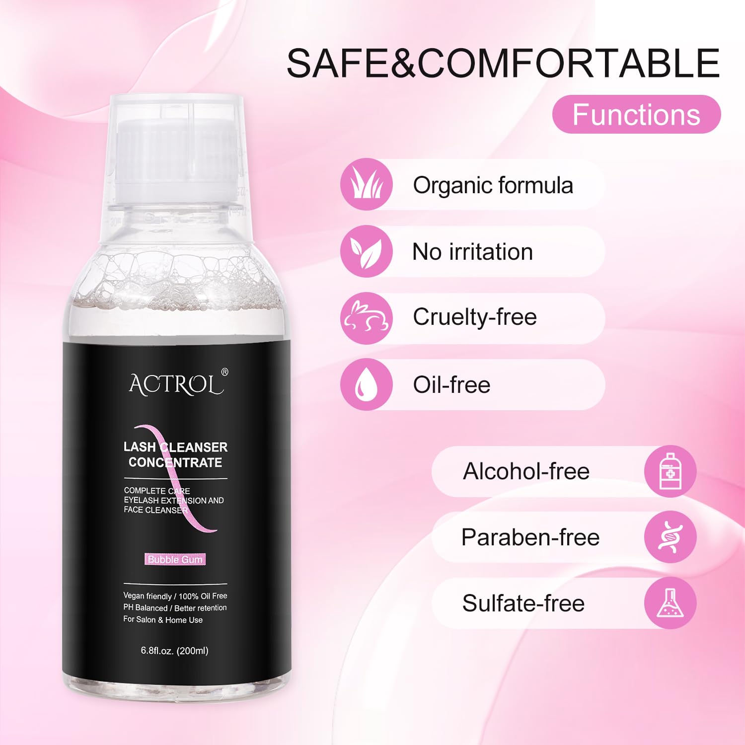 Actrol Eyelash Cleanser Concentrate 200Ml Bubble Gum Professional Lash Shampoo Foaming Cleanser Diy Paraben & Sulfate Free Non-L