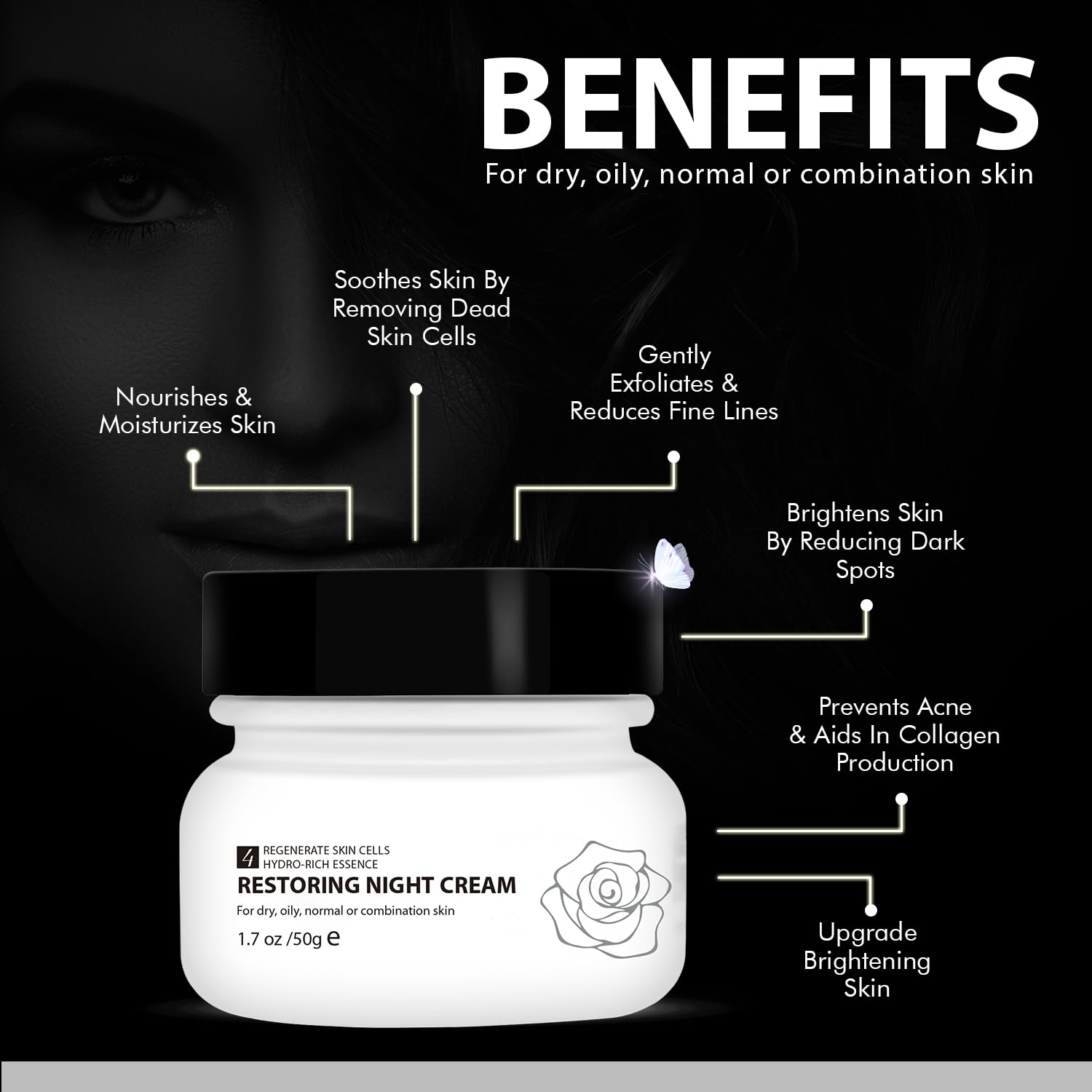 WBM Restoring Night Cream for Face, Anti-Aging Moisturizer with Hydro-Rich Essence. Skin-renewing face cream for a hydrated, you