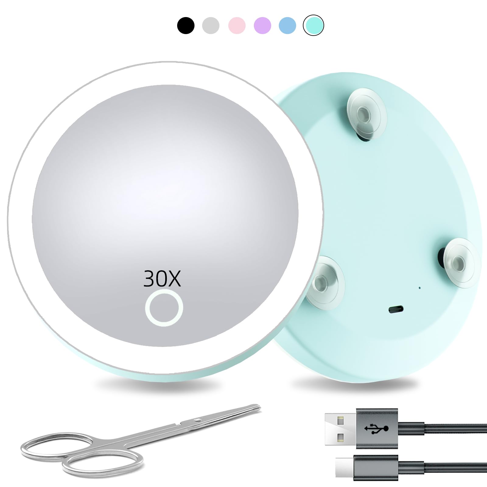 Travel Magnifying Mirror With Light 30X, 4Inch Rechargeable Lighted Compact Pocket Makeup Mirror With Suction Cups