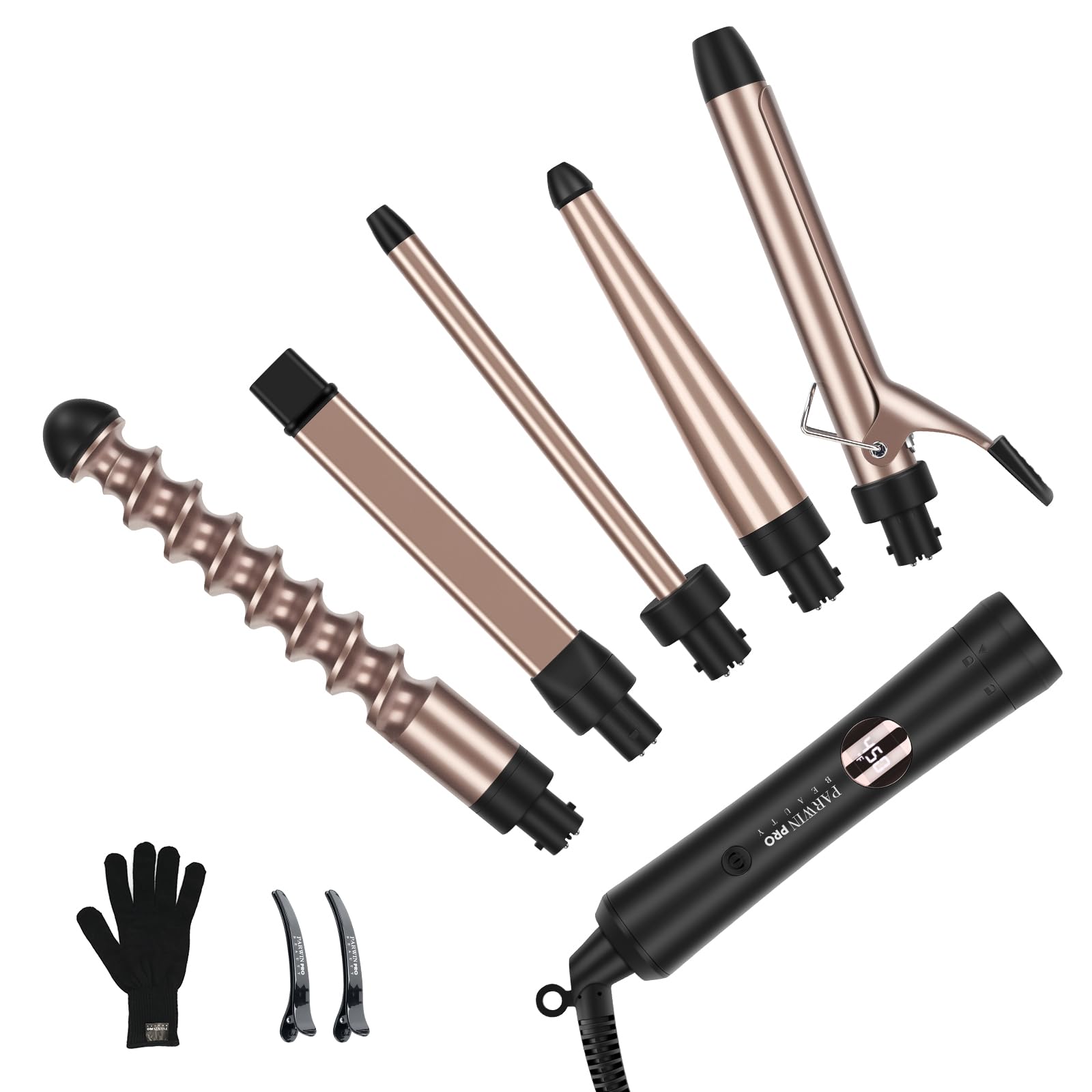 5 in 1 Curling Iron Set, Curling Wands Set with 1 Extra Long 9'' Spiral Wand, PARWIN PRO BEAUTY Professional Hair Wand Curler wi
