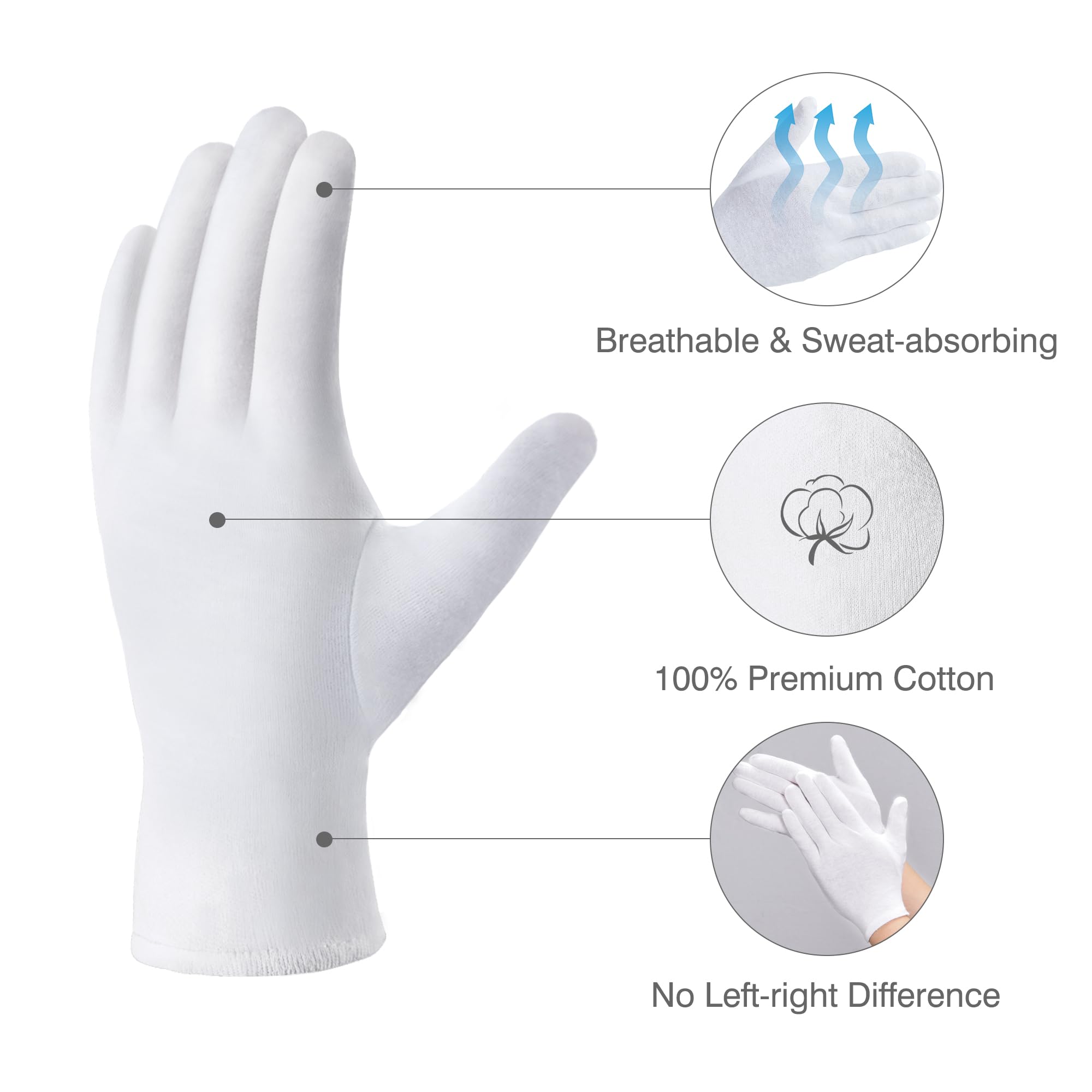 COOLJOB 100% Cotton Gloves, 6 Pairs White Cotton Gloves for Dry Hands Moisturizing & Eczema, Overnight Lotion, Sleep & Spa Treat